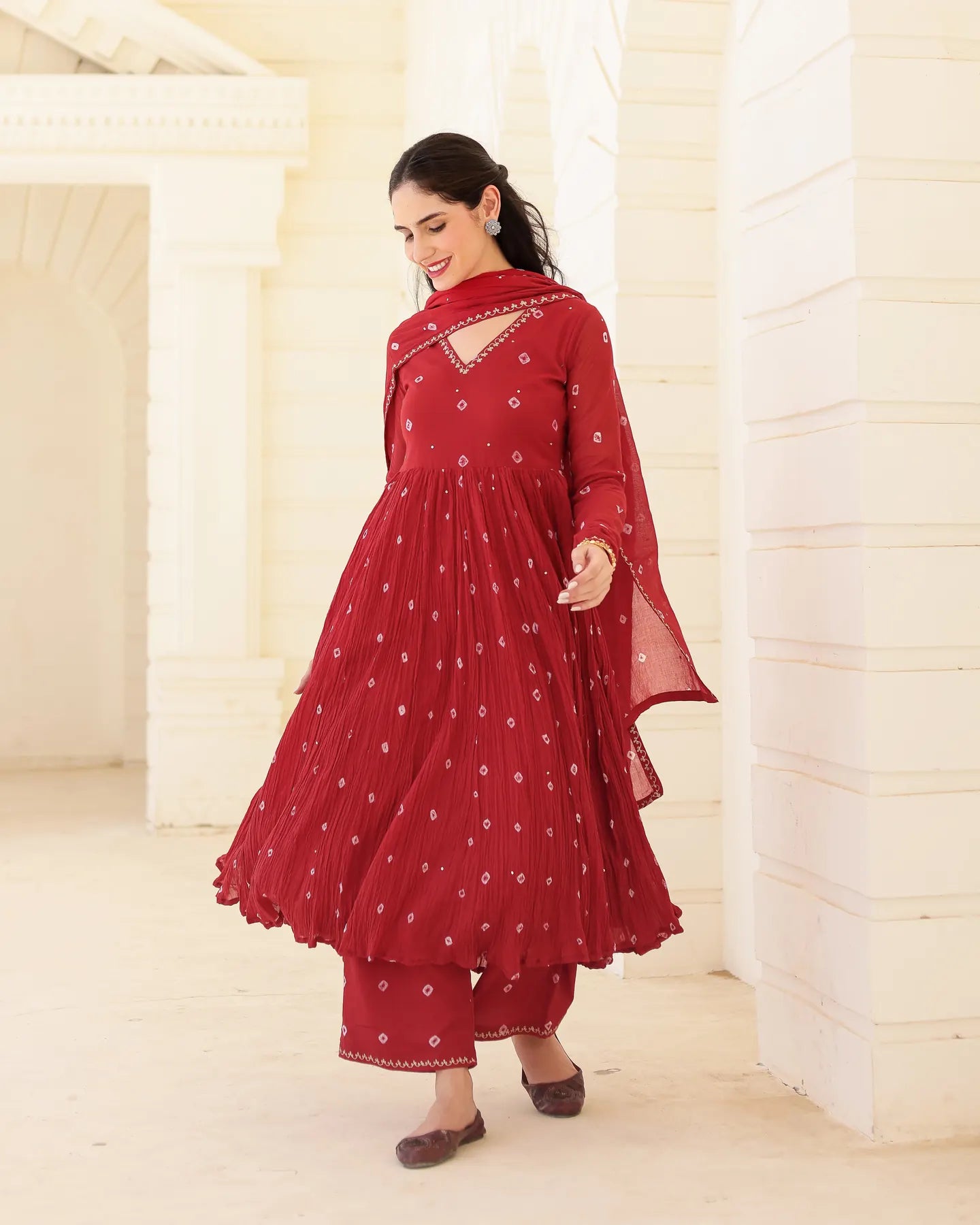 Ruhani Crimson Cotton Mulmul Bandhani Suit Set with Aari Zari Embroidery - AS-TTME-31 (7)