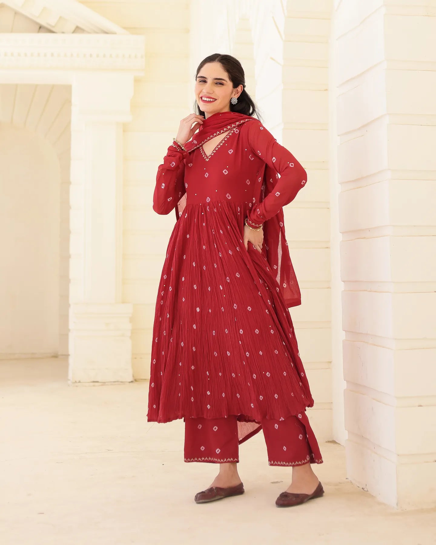 Ruhani Crimson Cotton Mulmul Bandhani Suit Set with Aari Zari Embroidery - AS-TTME-31 (8)