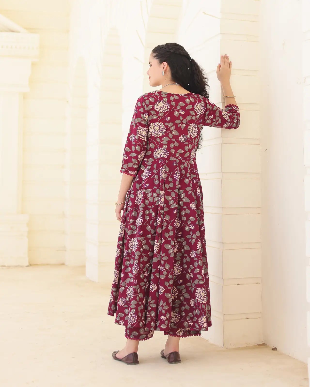 Burgundy Bloom Handblock Cotton Floral Anarkali Suit Set with Doriya Dupatta - AS-TTME-33 (2)