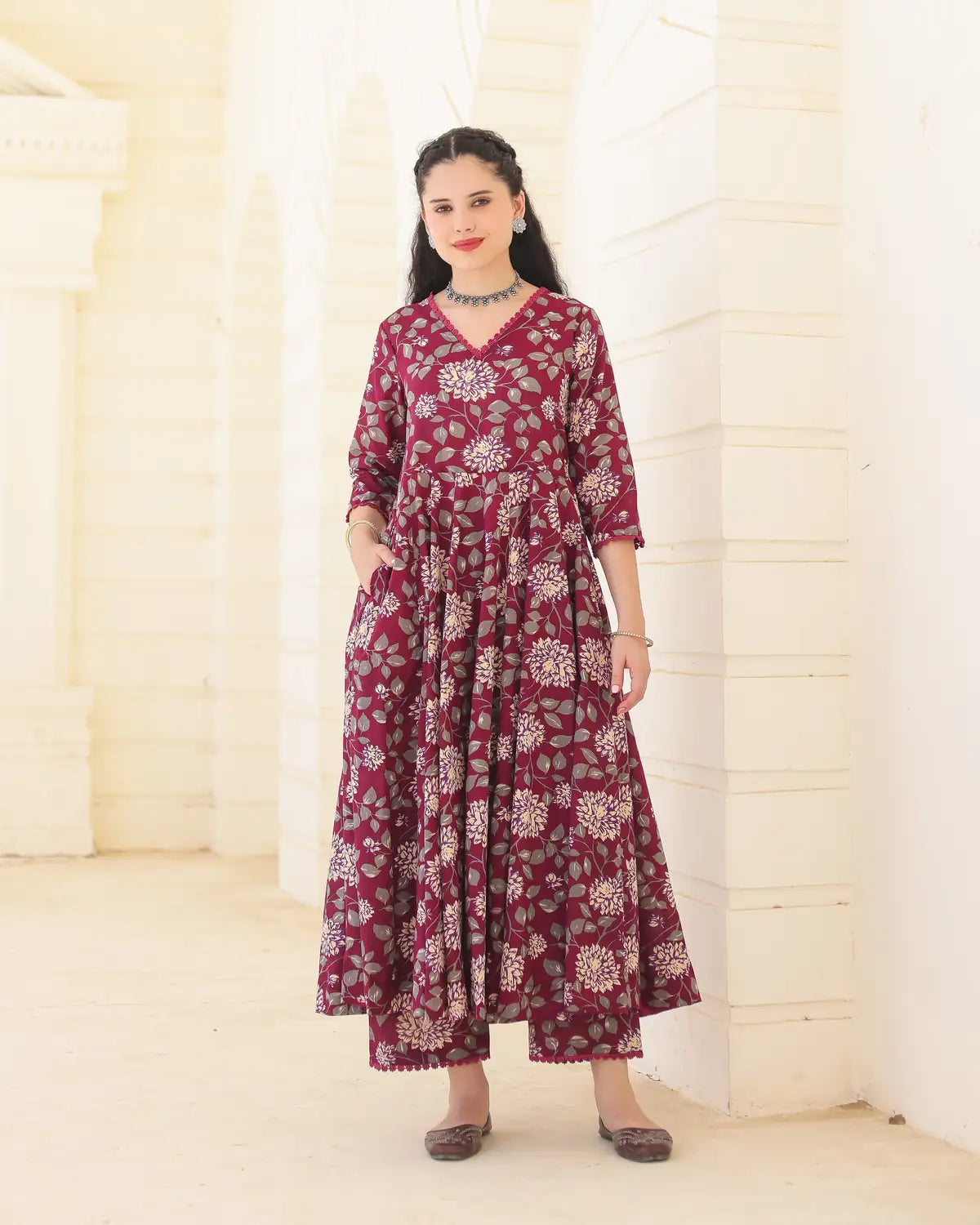 Burgundy Bloom Handblock Cotton Floral Anarkali Suit Set with Doriya Dupatta - AS-TTME-33 (3)