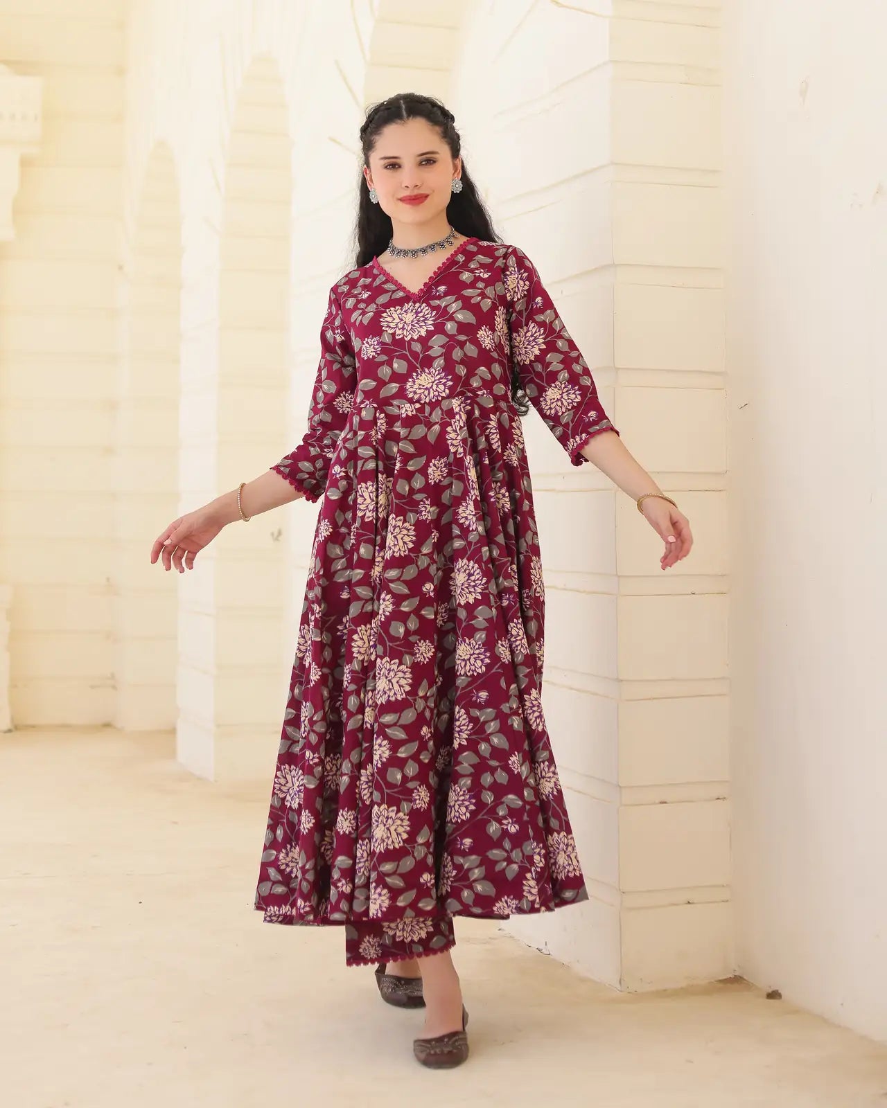 Burgundy Bloom Handblock Cotton Floral Anarkali Suit Set with Doriya Dupatta - AS-TTME-33 (5)