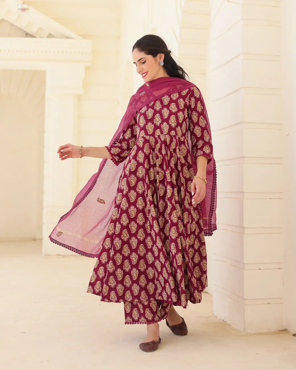 Royal Paisley Handblock Cotton Anarkali Suit Set with Kota Doria Dupatta - AS-TTME-34 (5)