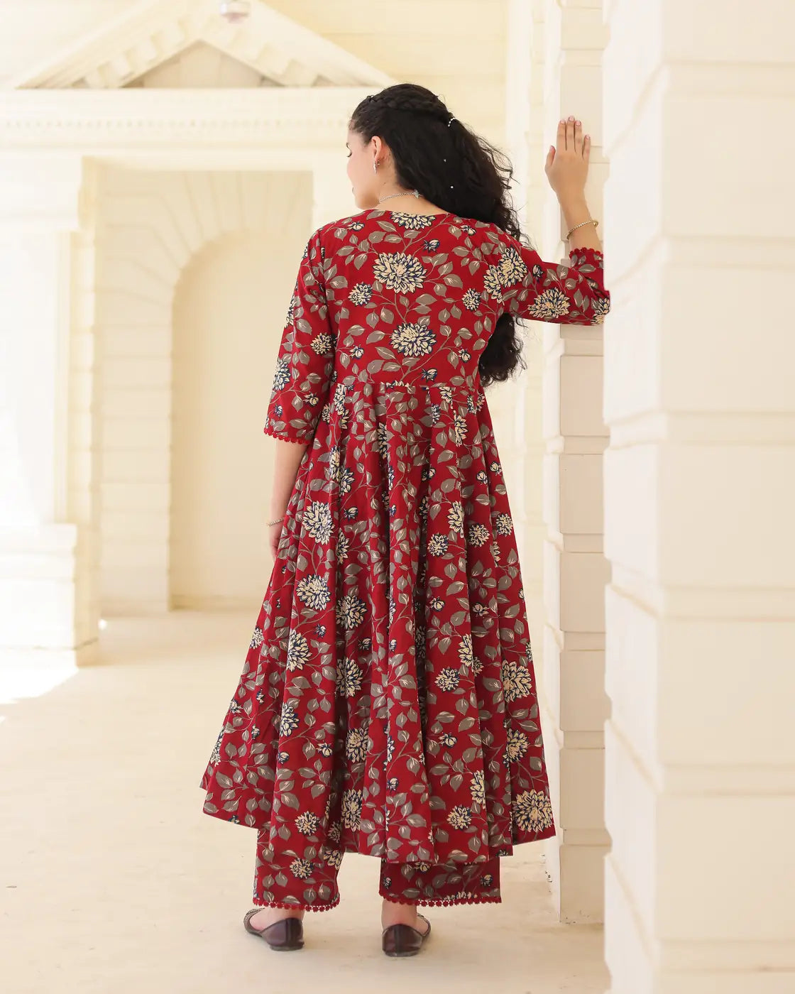 Handblock Crimson Cotton Anarkali Suit Set with Kota Doria Dupatta - AS-TTME-35 (2)