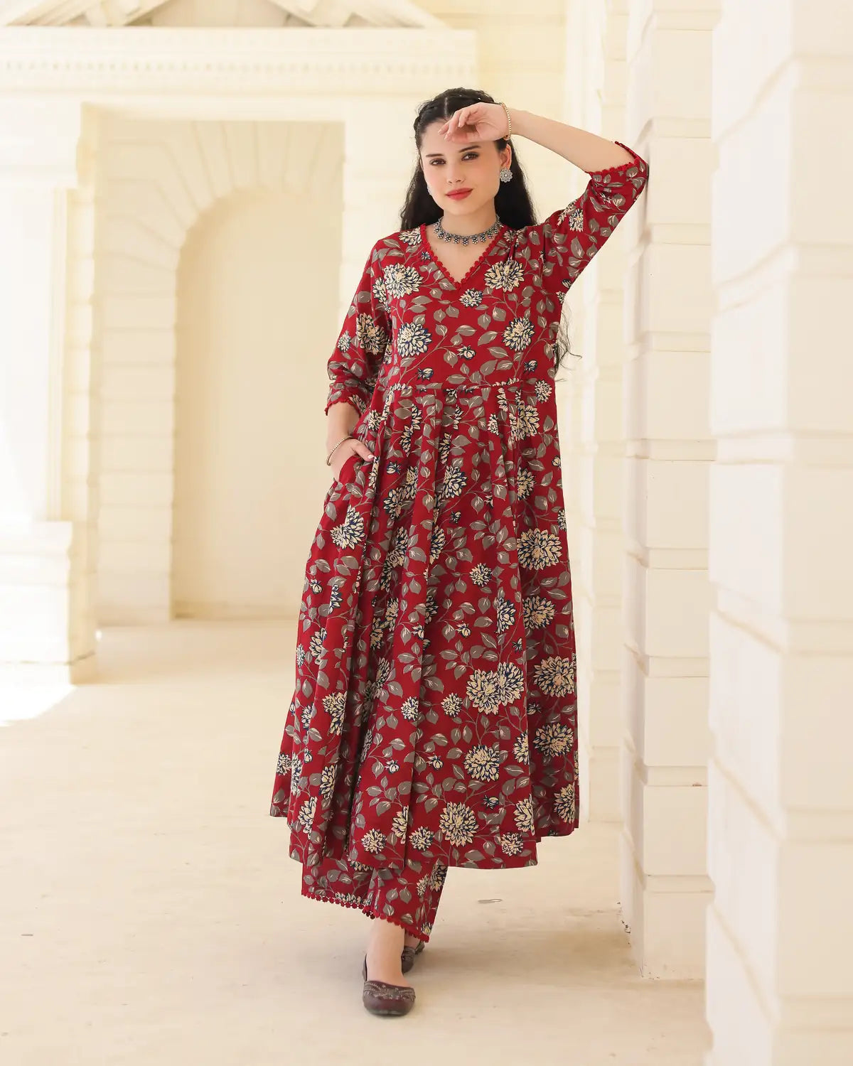 Handblock Crimson Cotton Anarkali Suit Set with Kota Doria Dupatta - AS-TTME-35 (3)