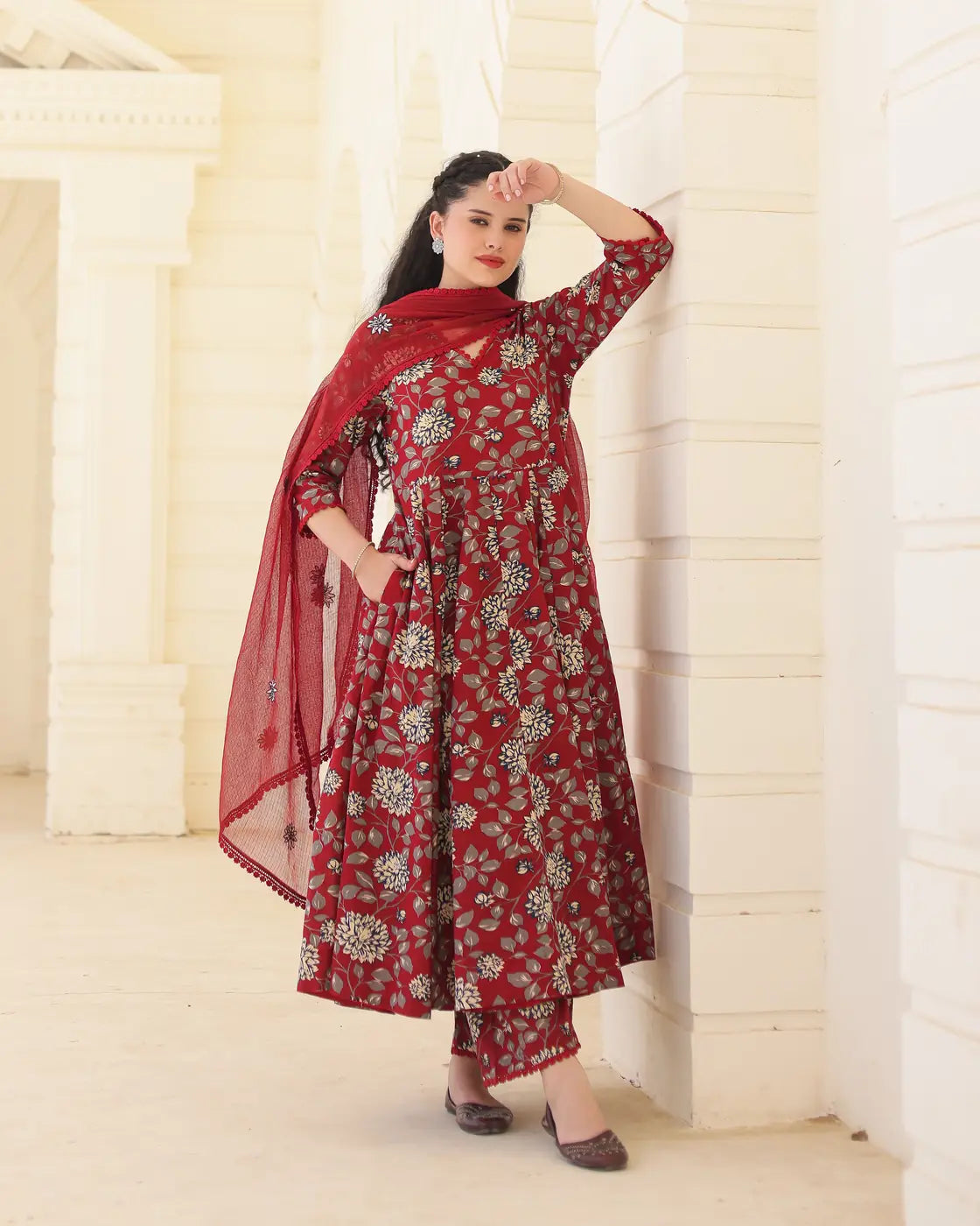 Handblock Crimson Cotton Anarkali Suit Set with Kota Doria Dupatta - AS-TTME-35 (5)