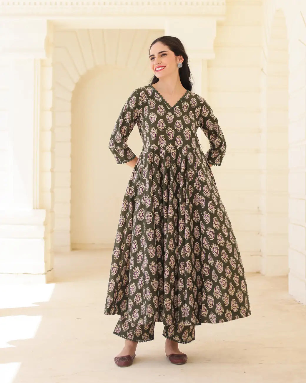 Handblock Olive paisley Green Cotton Anarkali Suit Set with Kota Doria Dupatta - AS-TTME-36 (4)