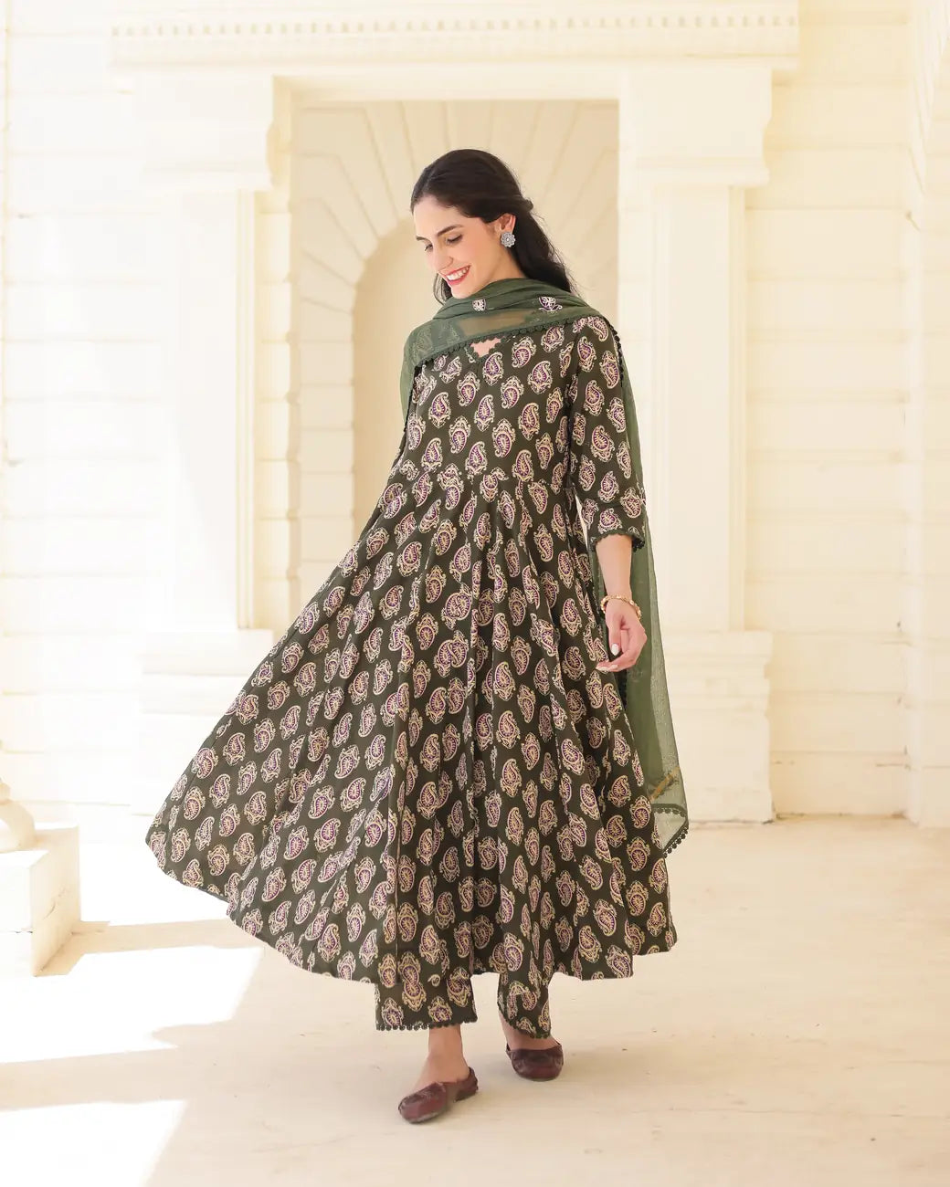 Handblock Olive paisley Green Cotton Anarkali Suit Set with Kota Doria Dupatta - AS-TTME-36 (5)