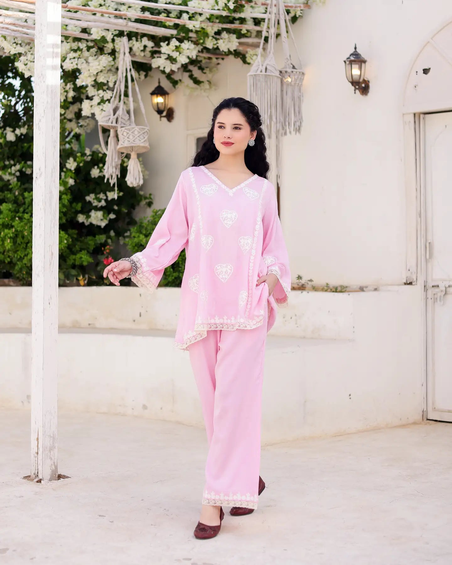 Gulzaar Blush Pink Cotton Satin Aari Embroidered Kurta Palazzo Set - AS-TTME-3 (3)