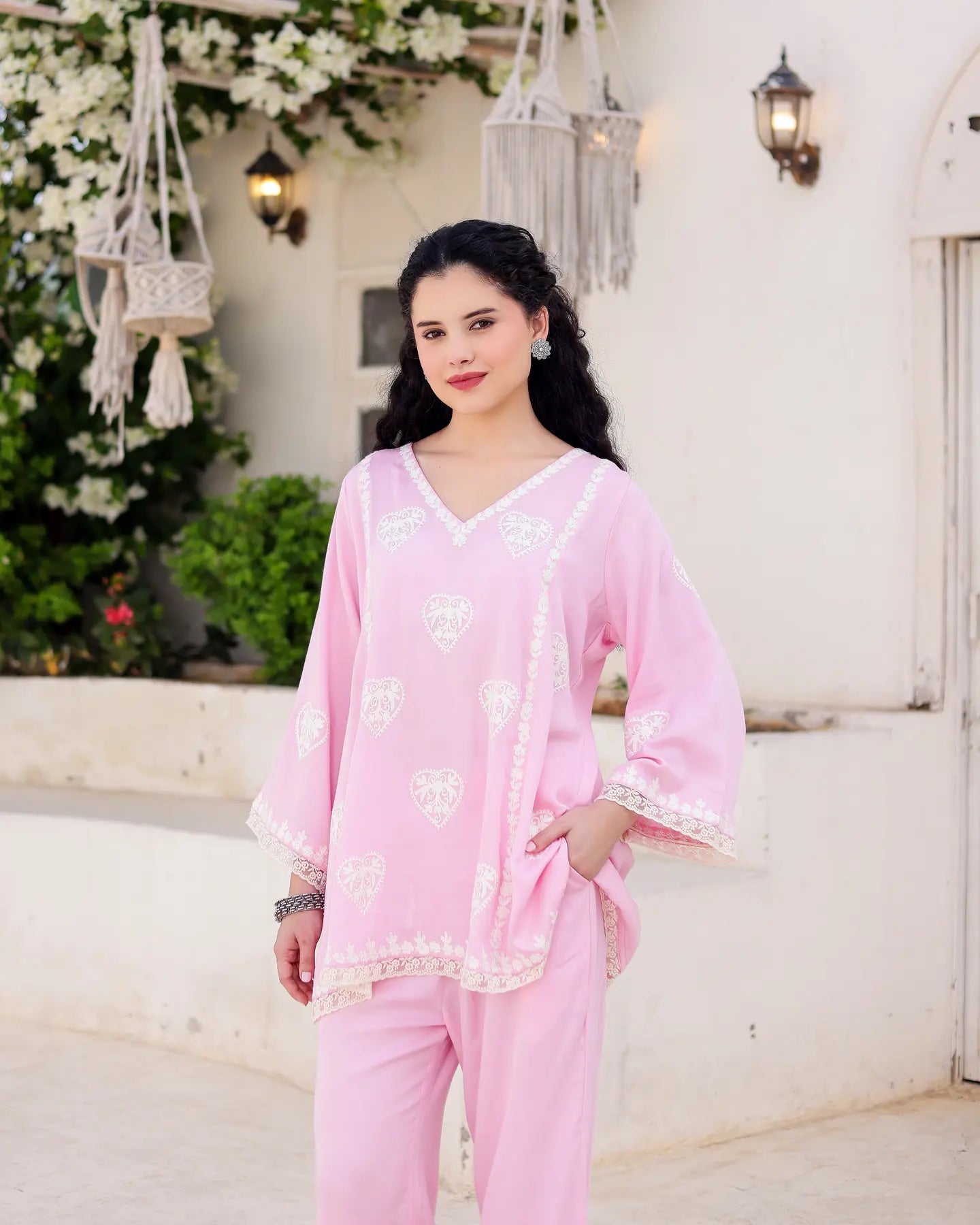 Gulzaar Blush Pink Cotton Satin Aari Embroidered Kurta Palazzo Set - AS-TTME-3 (4)