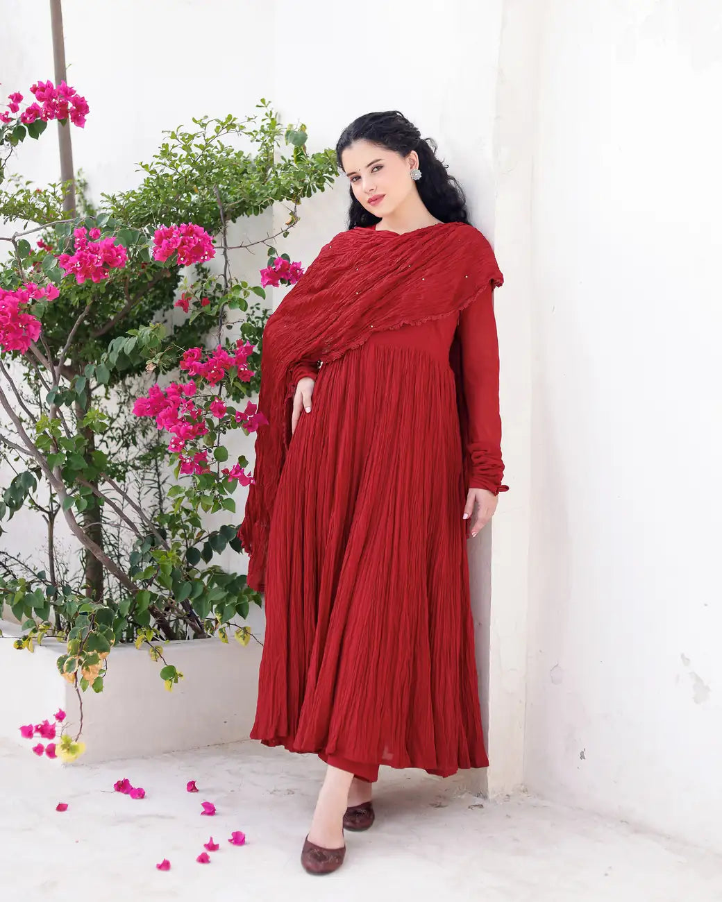 Mehraya Maroon Cotton Mulmul Anarkali Dress with Draped Dupatta - AS-TTME-5 (8)