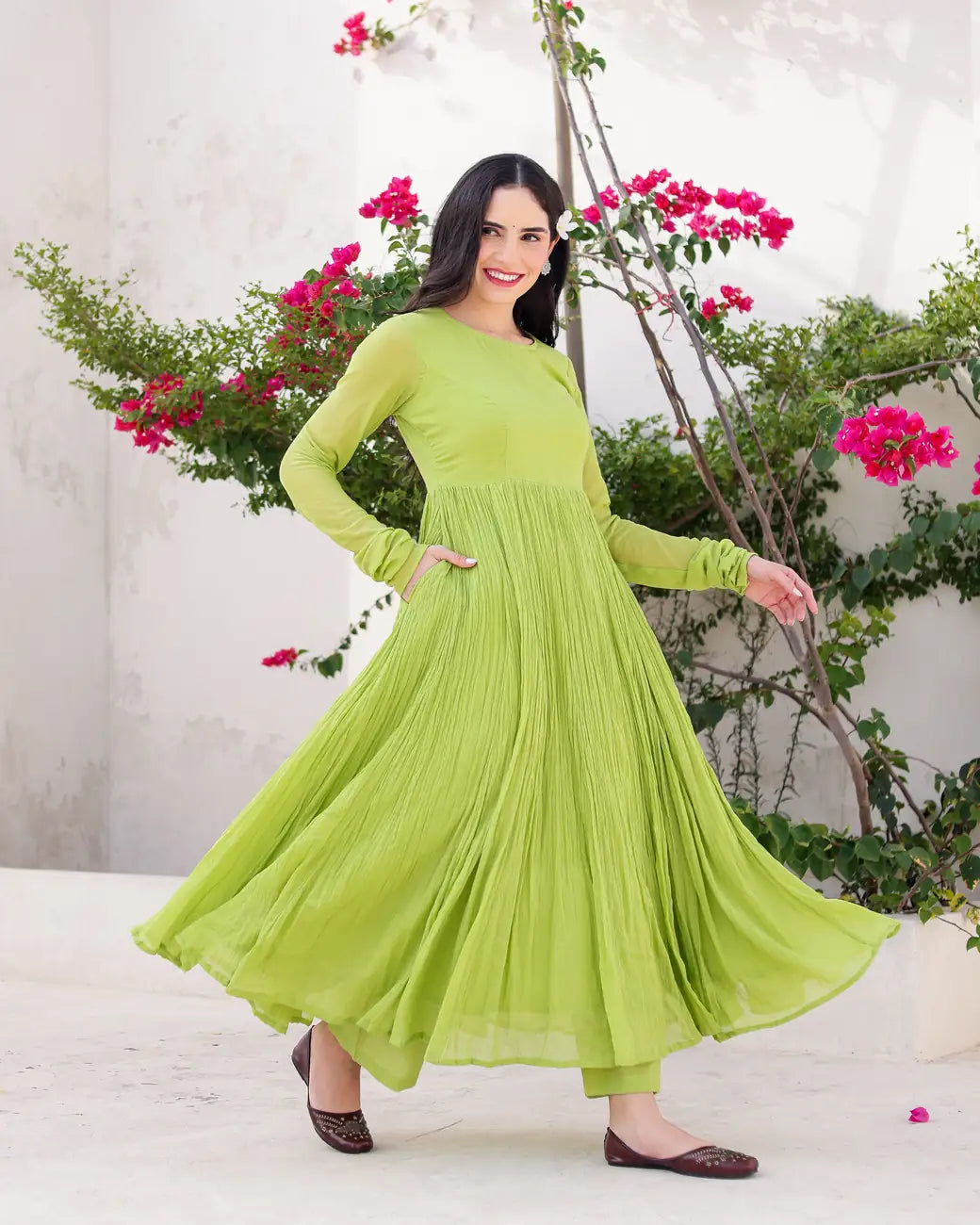 Zamrud Pistachio Green Cotton Mulmul Anarkali Set with Draped Dupatta - AS-TTME-6 (6)