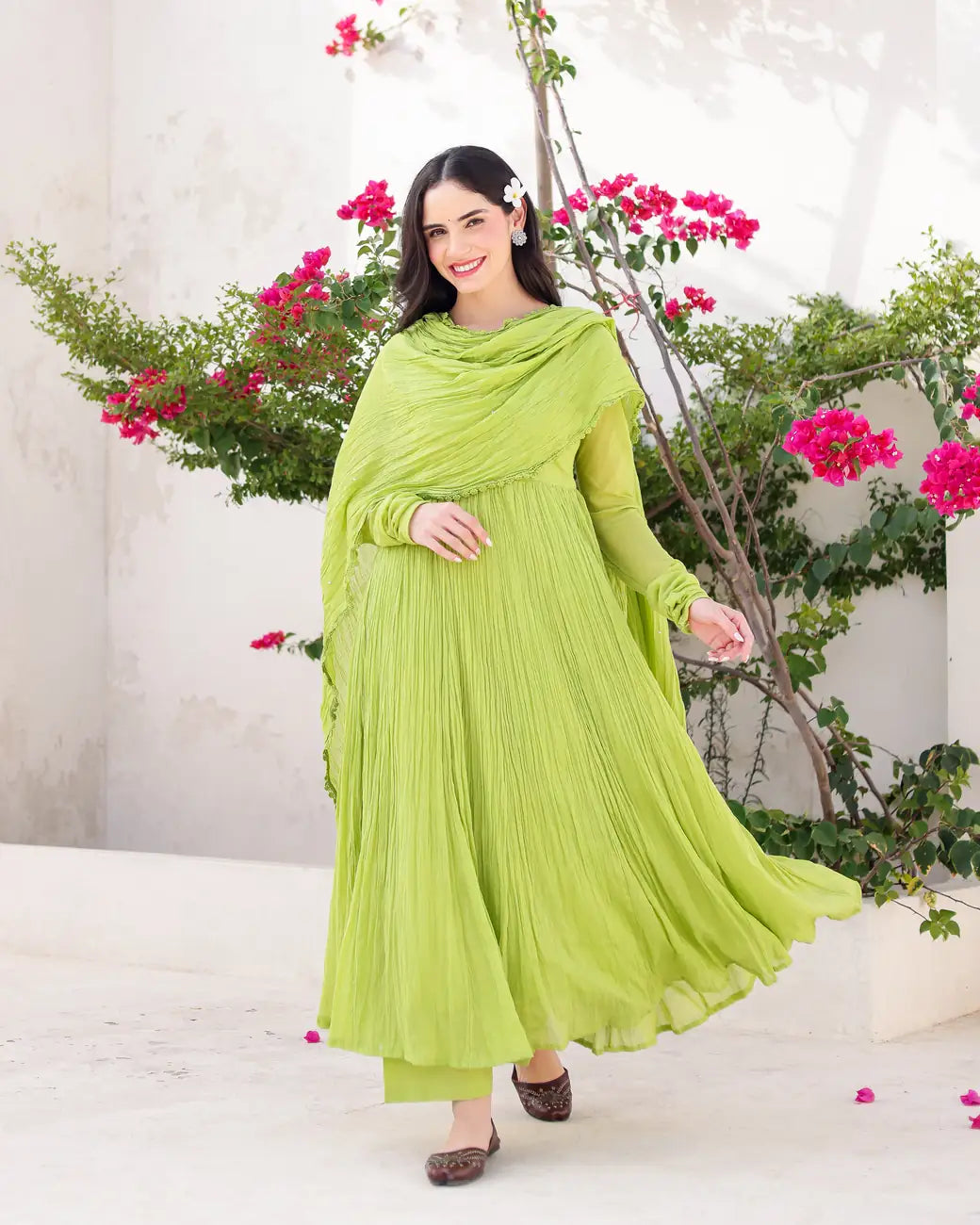 Zamrud Pistachio Green Cotton Mulmul Anarkali Set with Draped Dupatta - AS-TTME-6 (7)