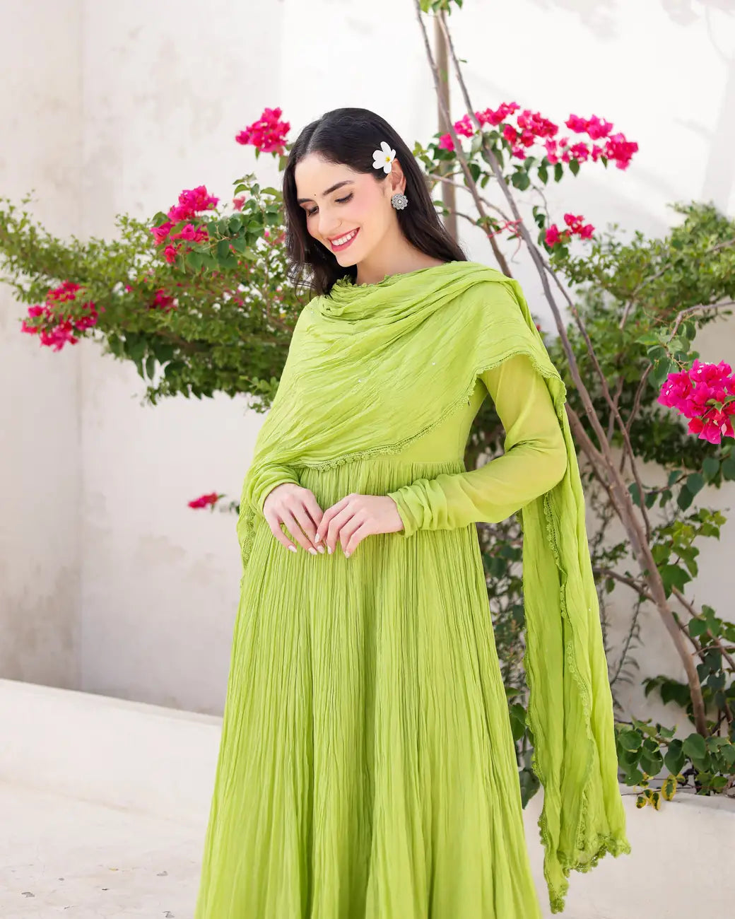 Zamrud Pistachio Green Cotton Mulmul Anarkali Set with Draped Dupatta - AS-TTME-6 (8)