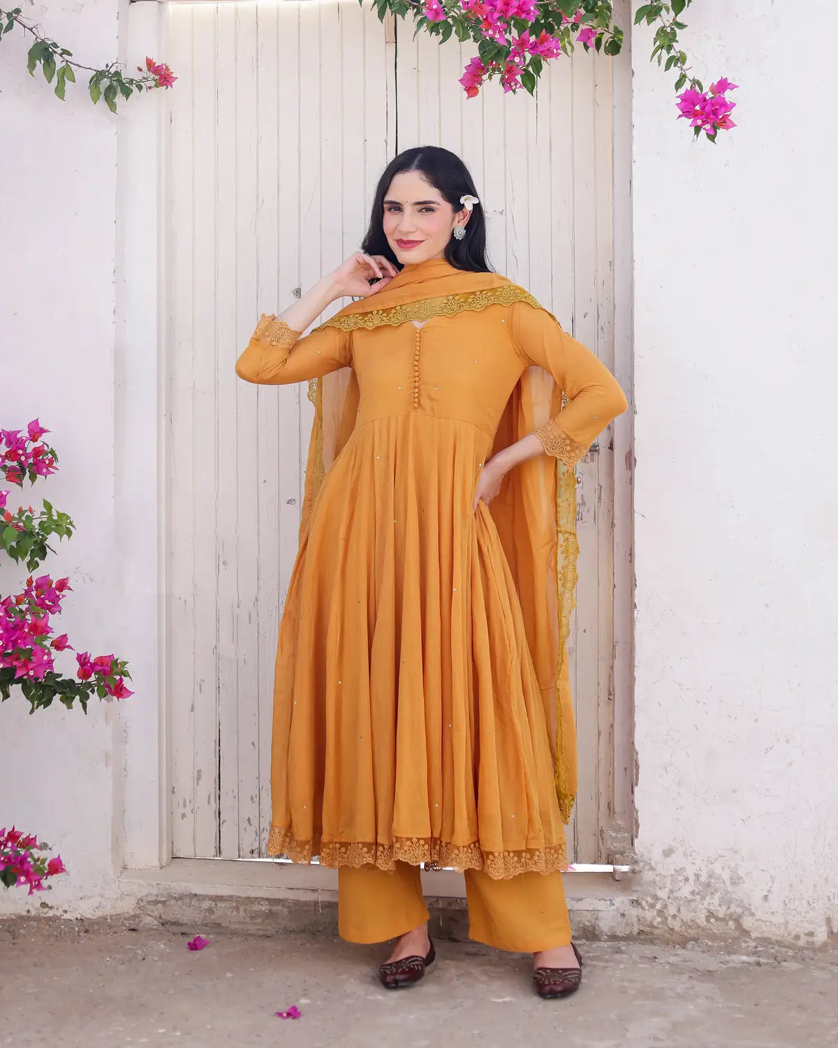 Amaltaas Golden Mustard Cotton Mulmul Anarkali Suit Set with mulmul Dupatta - AS-TTME-8 (6)