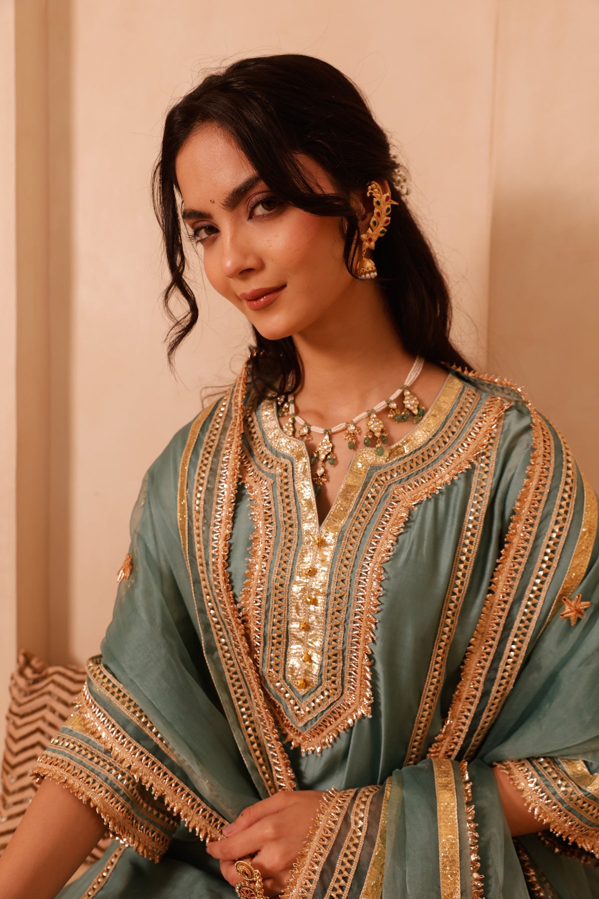 Gulnaar Sage Green Festive Suit Set - Image 1