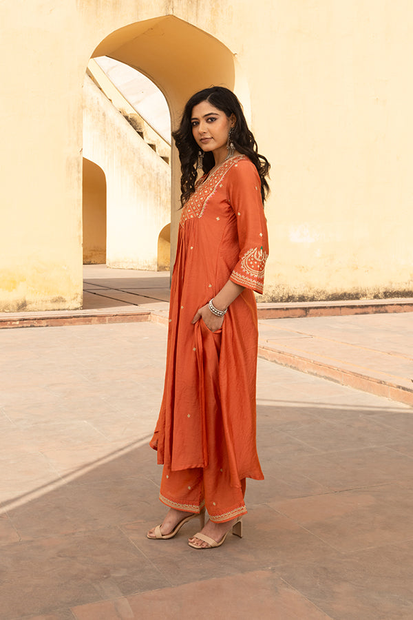 Sienna Orange Patchwork Embroidered Suit Set