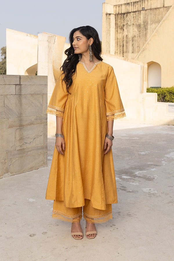 Mustard Yellow Mukaish Work Chanderi Three Kali Kurta Set With Heavy Chanderi Dupatta