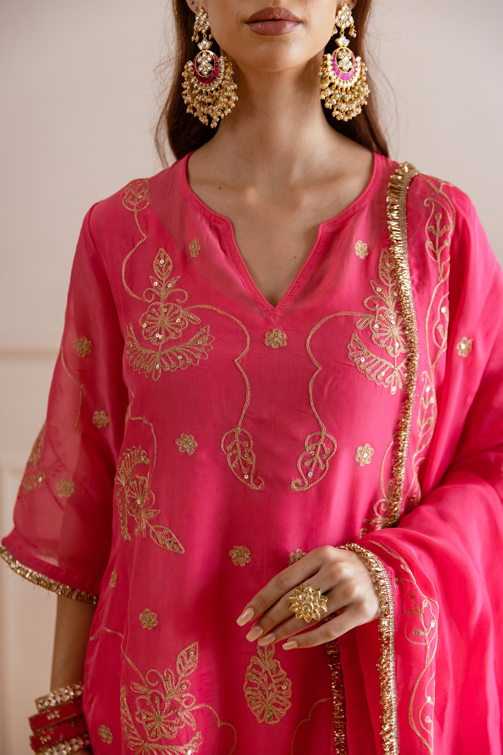 Fuschsia Pink Zari Embroidery Viscose Organza Straight Kurta Set - Asrumo