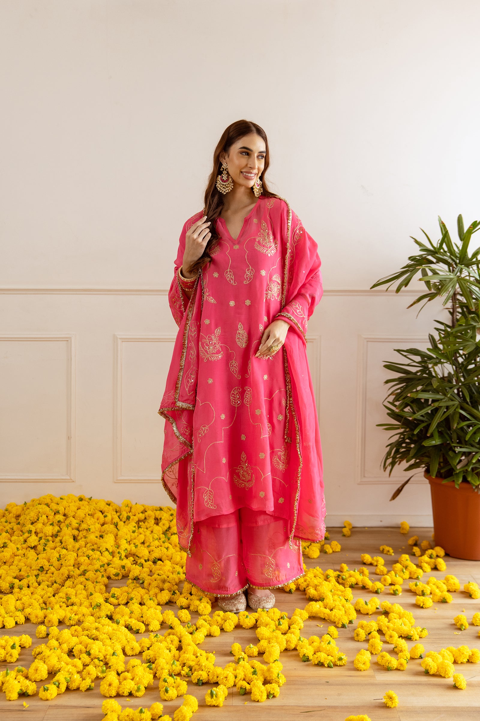 Fuschsia Pink Zari Embroidery Viscose Organza Straight Kurta Set - Asrumo