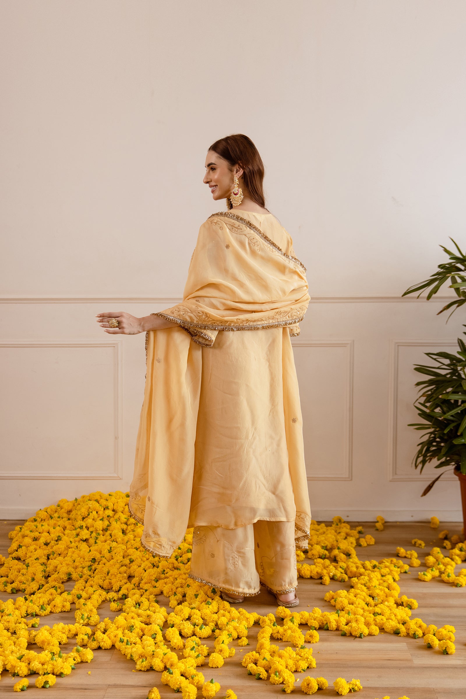 Golden Zari Embroidery Viscose Organza Straight Kurta Set - Asrumo