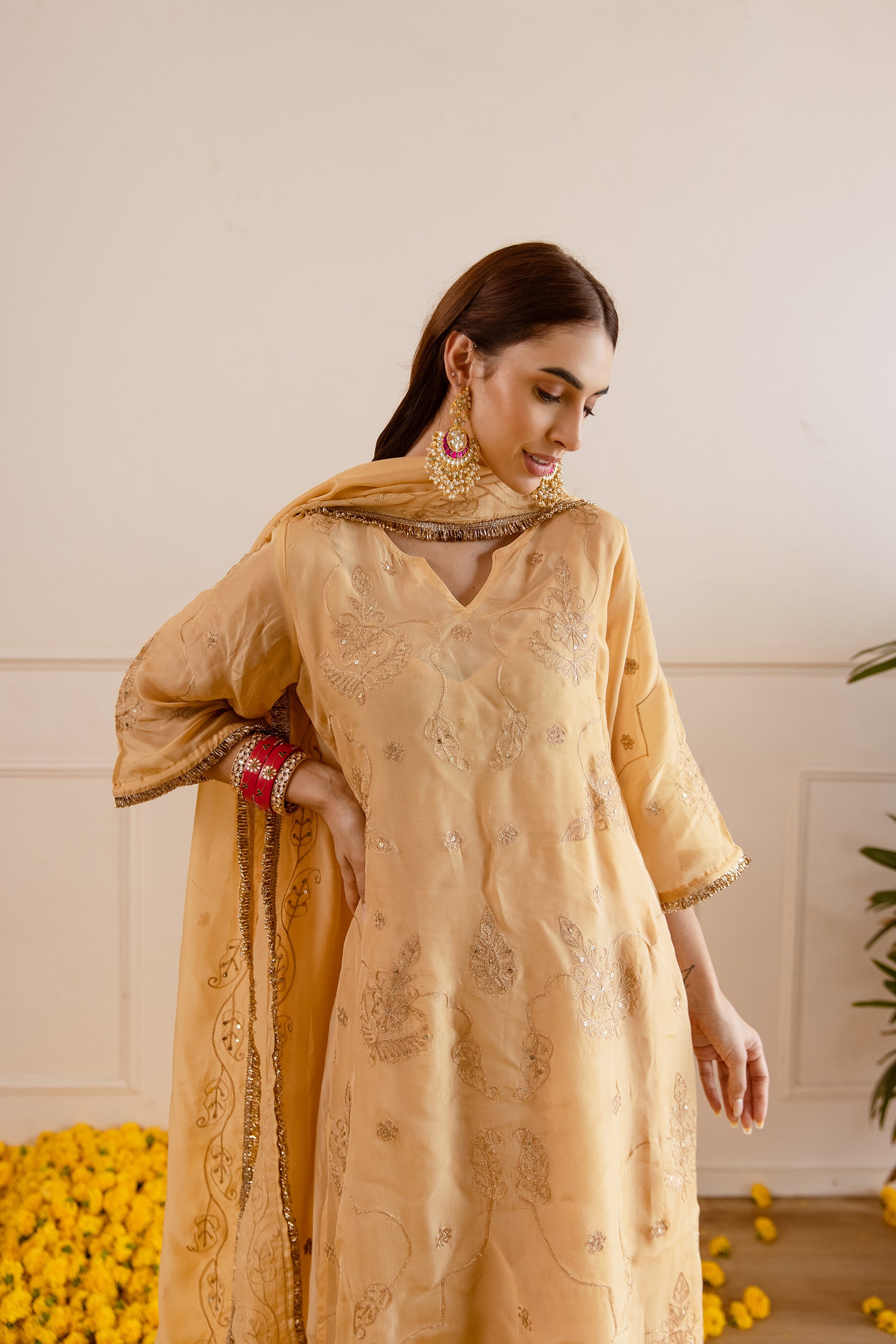 Golden Zari Embroidery Viscose Organza Straight Kurta Set - Asrumo