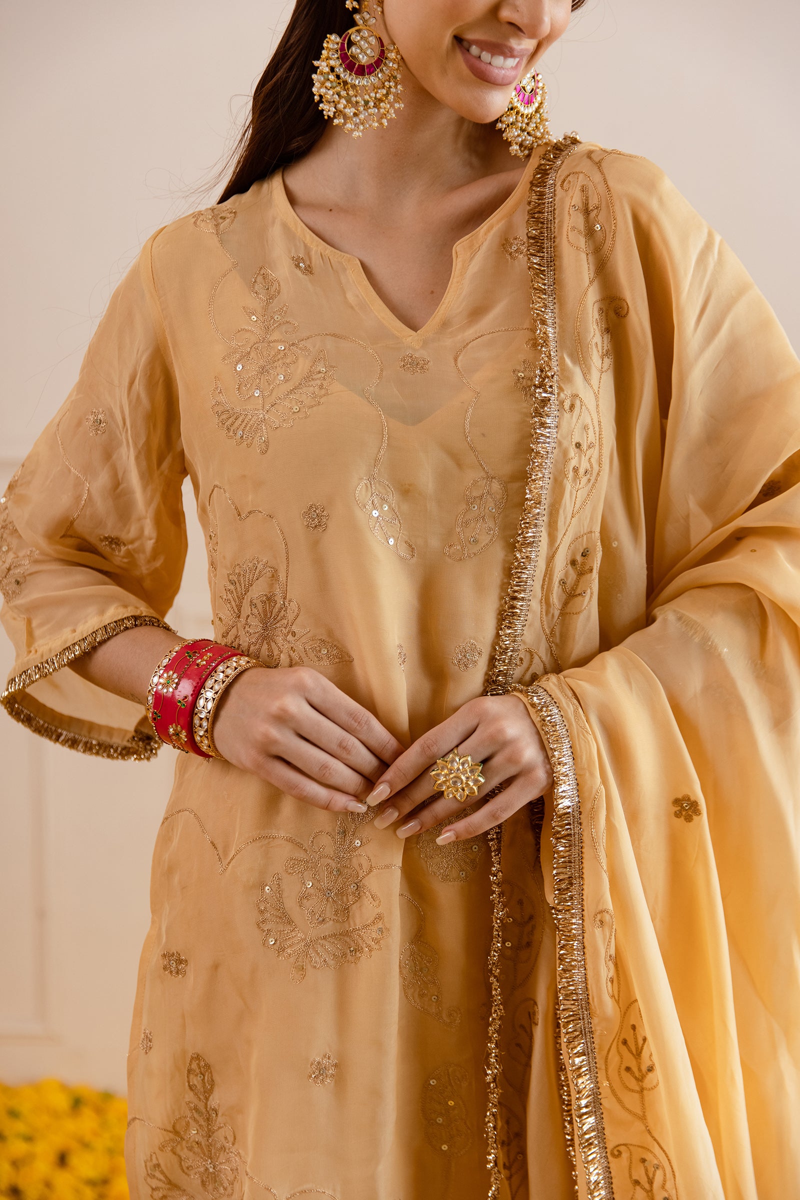 Golden Zari Embroidery Viscose Organza Straight Kurta Set - Asrumo