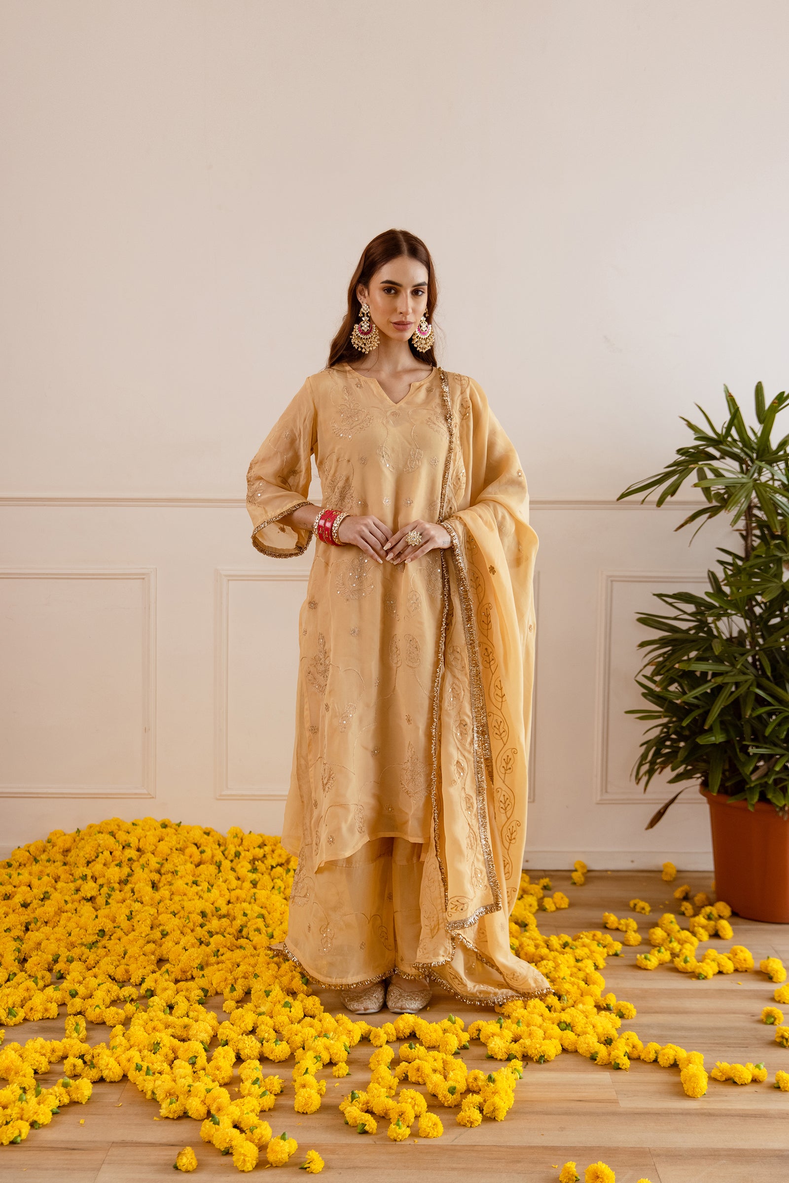 Golden Zari Embroidery Viscose Organza Straight Kurta Set - Asrumo