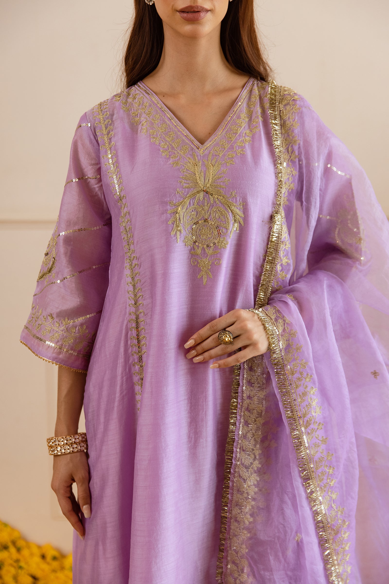 Lilac Chanderi Three Kali Kurta Set With Elegant Embroiderd Organza Duppatta