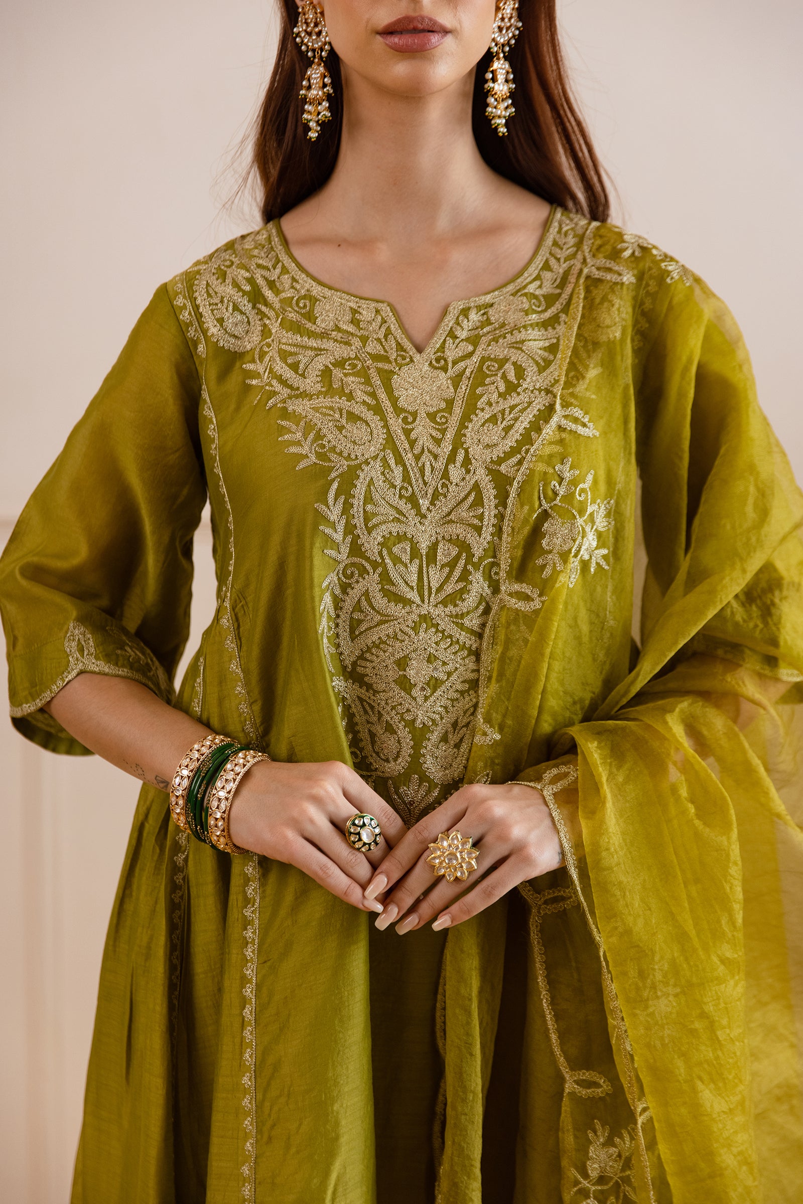 Green Chanderi Kurta Set With Organza Dupatta - Asrumo