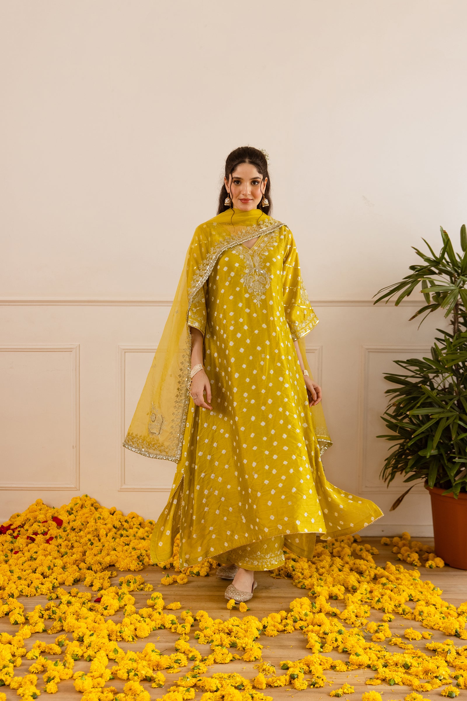 Lime Yellow Hand Bandhej Straight Suit Set - Asrumo