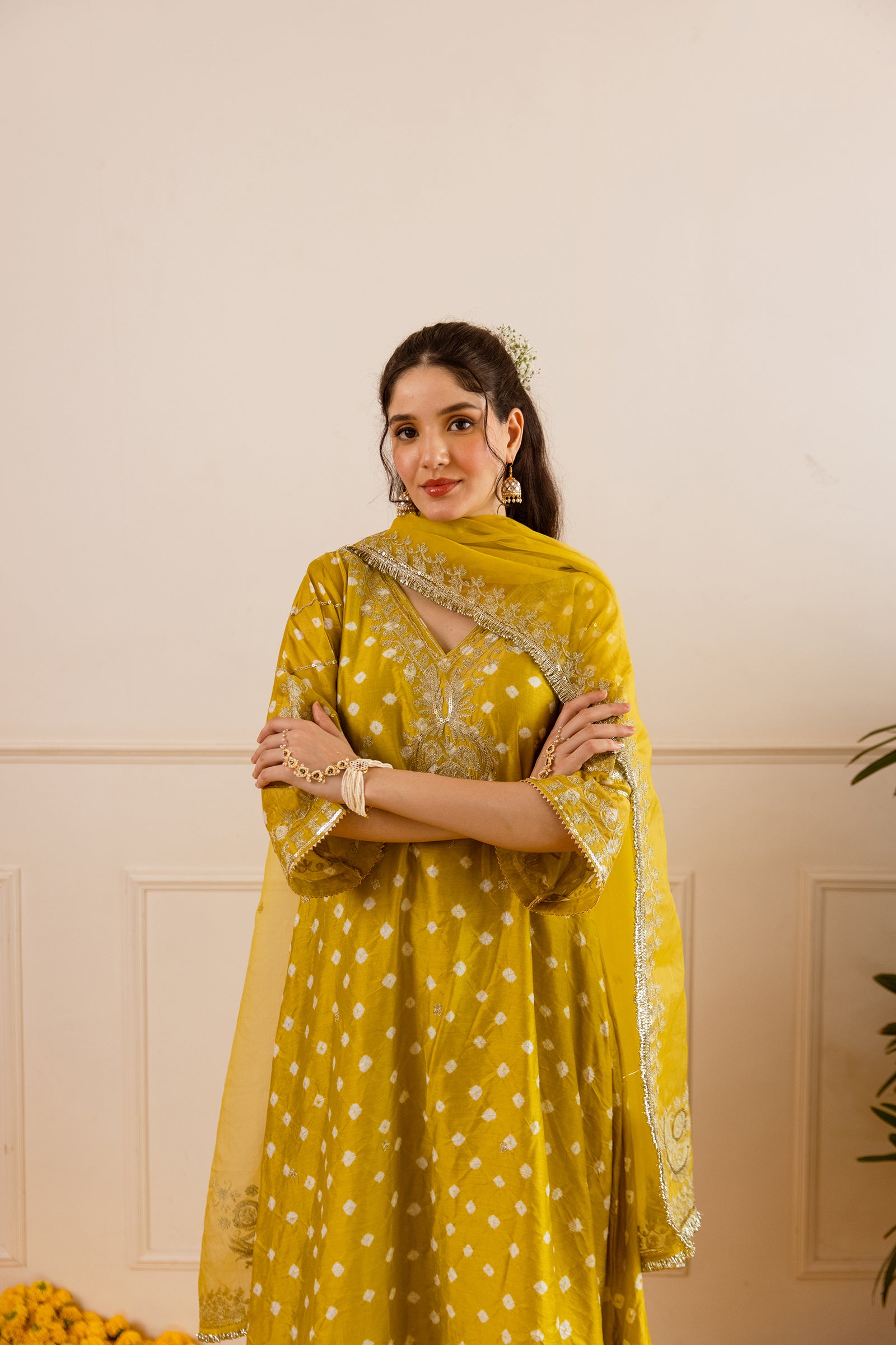 Lime Yellow Hand Bandhej Straight Suit Set - Asrumo