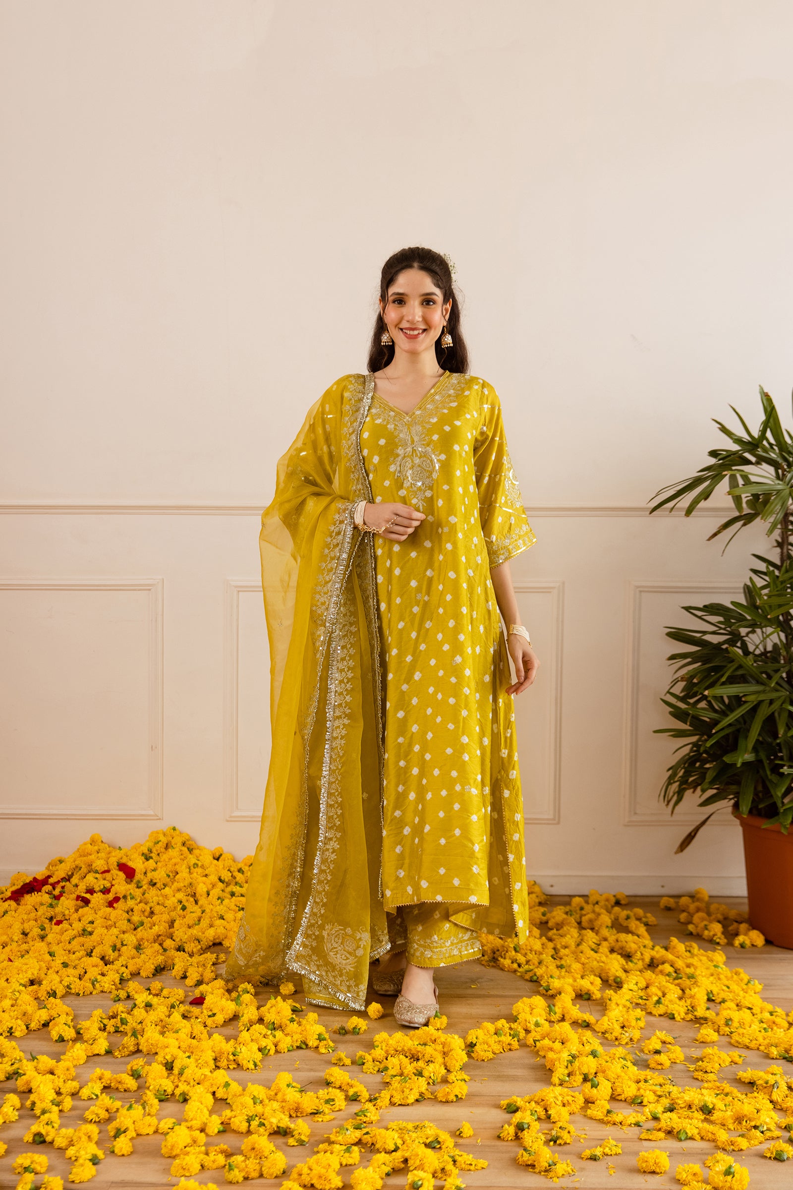 Lime Yellow Hand Bandhej Straight Suit Set - Asrumo