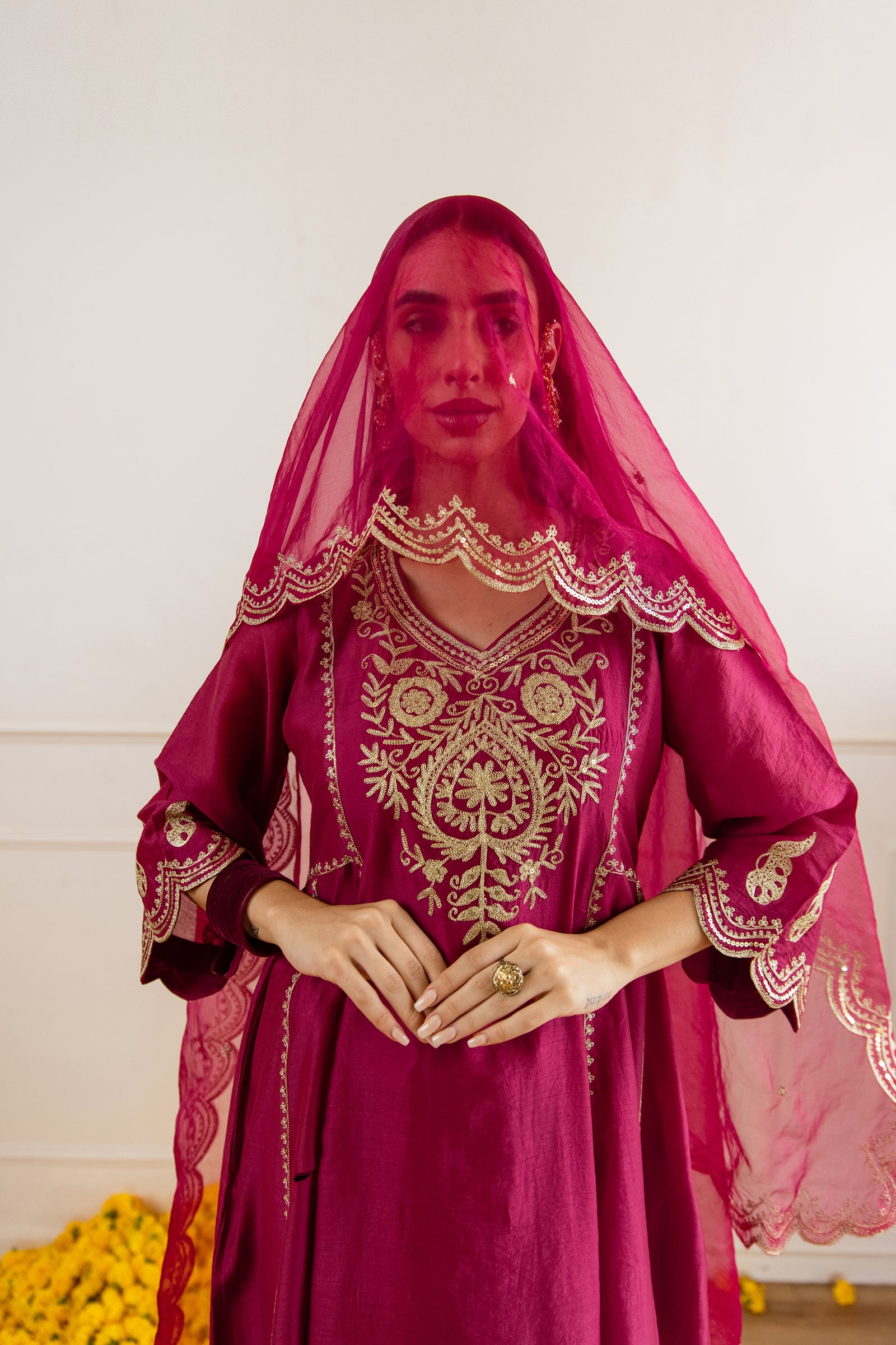 Red Chanderi A Line Kurta Set - Asrumo