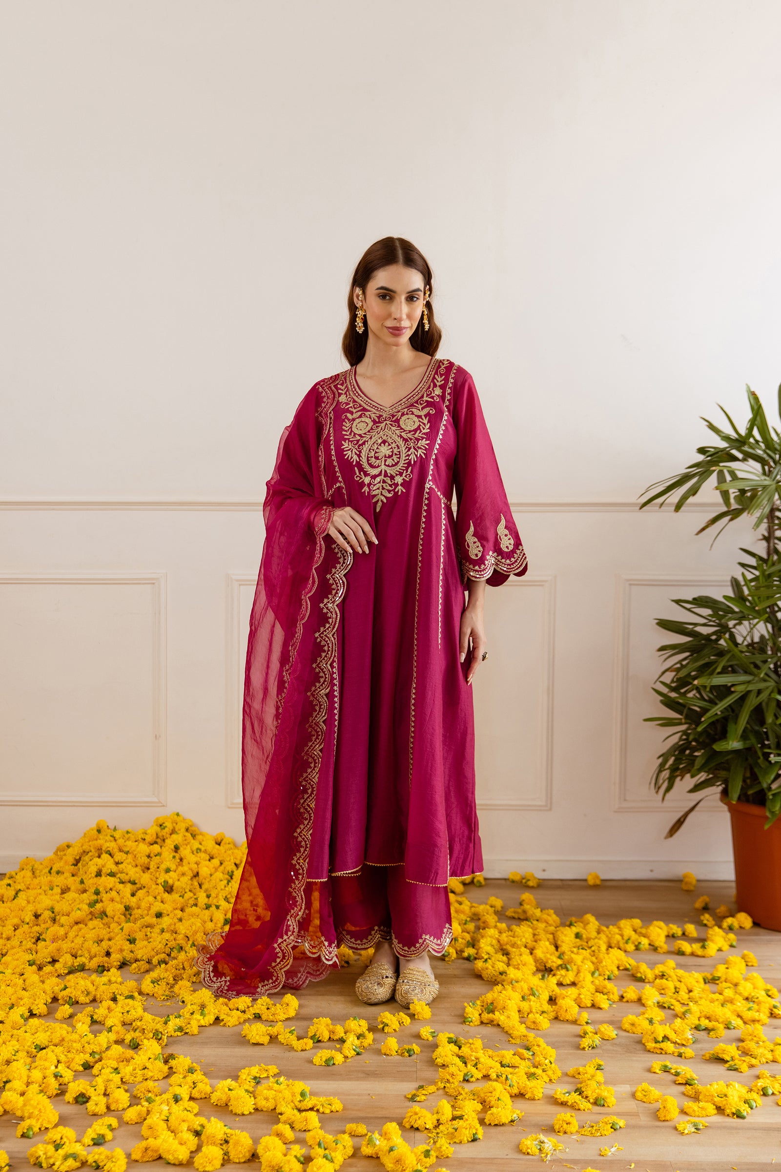 Red Chanderi A Line Kurta Set - Asrumo