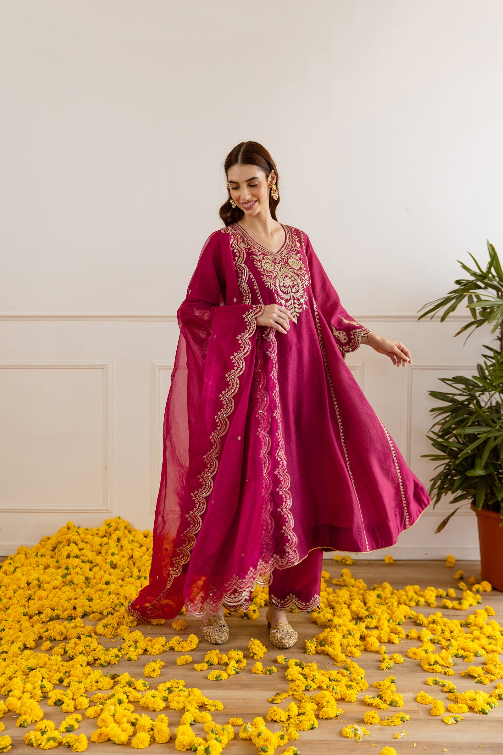 Red Chanderi A Line Kurta Set - Asrumo