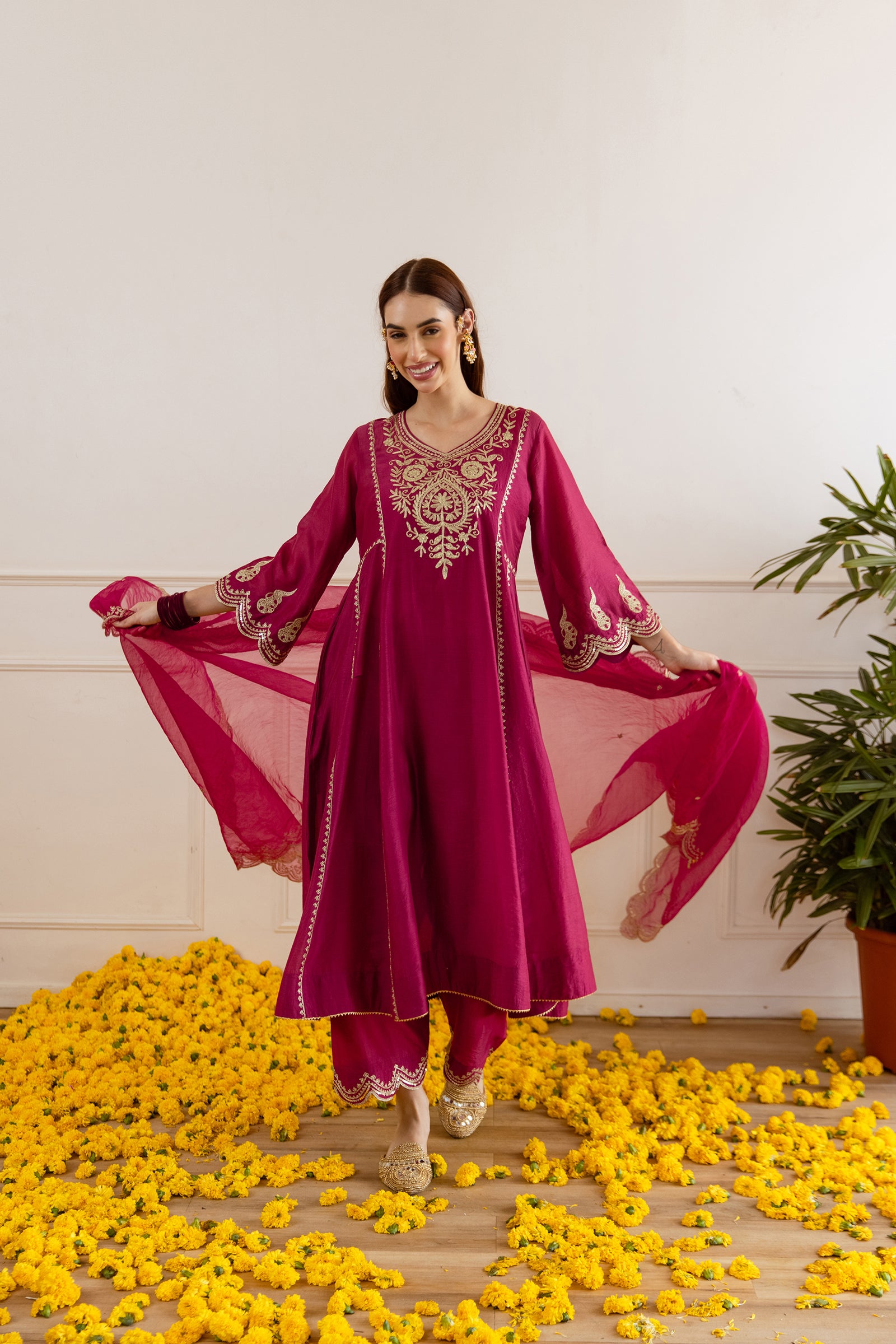 Red Chanderi A Line Kurta Set - Asrumo
