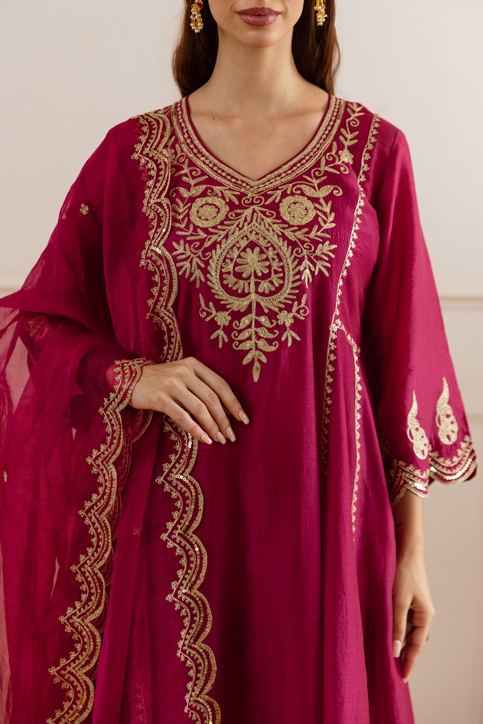 Red Chanderi A Line Kurta Set - Asrumo