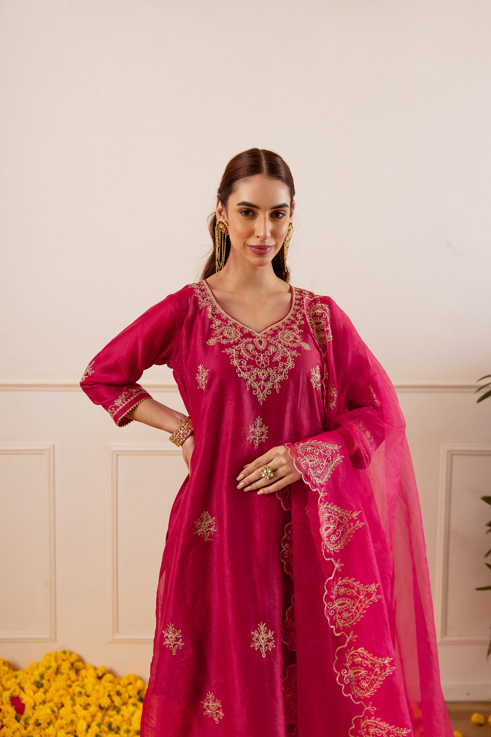 Vivid Pink Straight Fit Kurta Set With Scallop Duppata - Asrumo