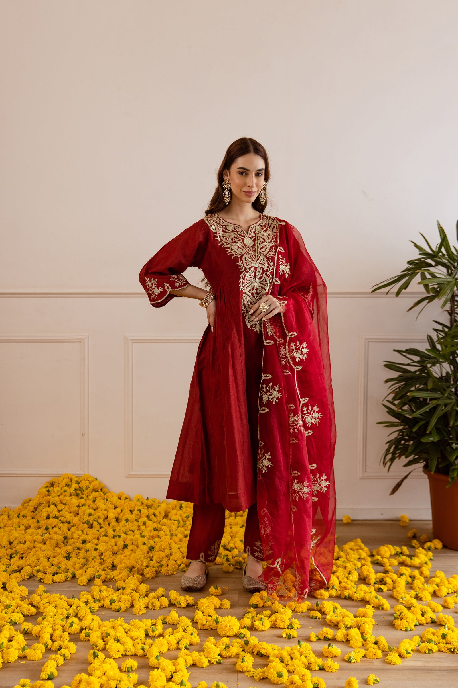 Maroon Chanderi Kurta Set With Organza Dupatta - Asrumo