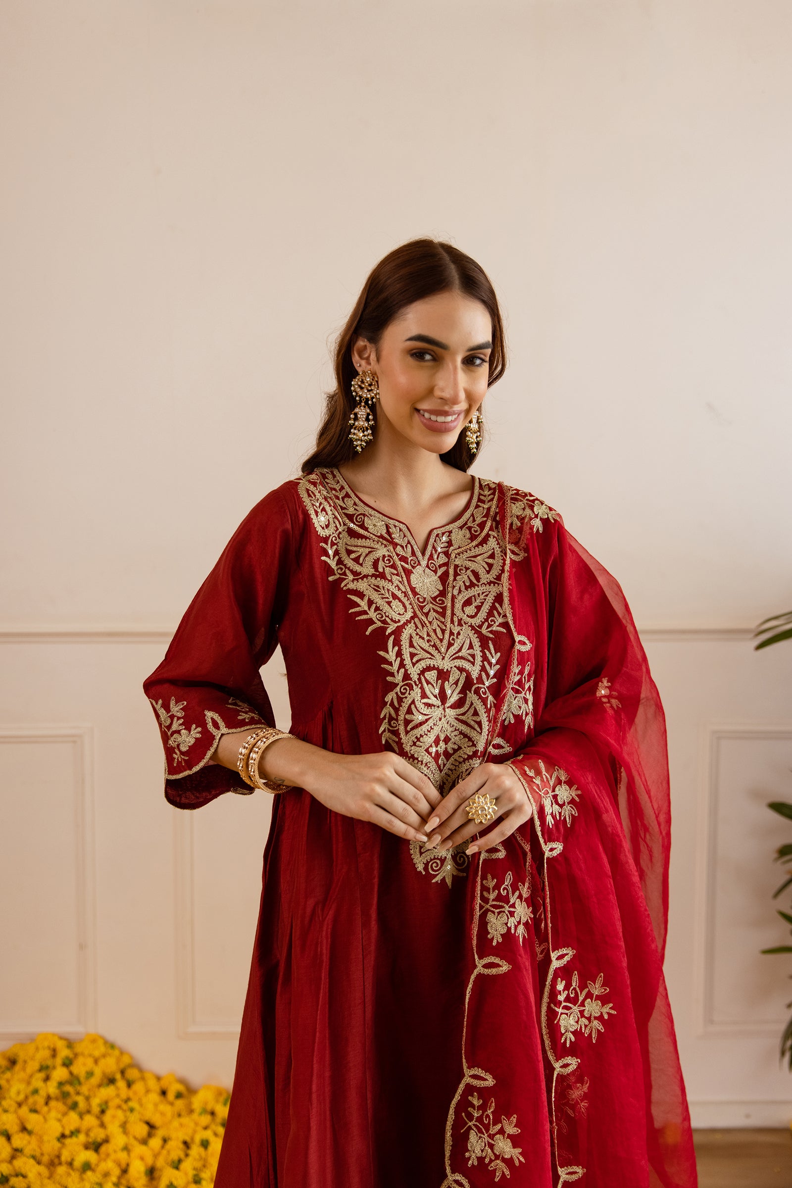 Maroon Chanderi Kurta Set With Organza Dupatta - Asrumo