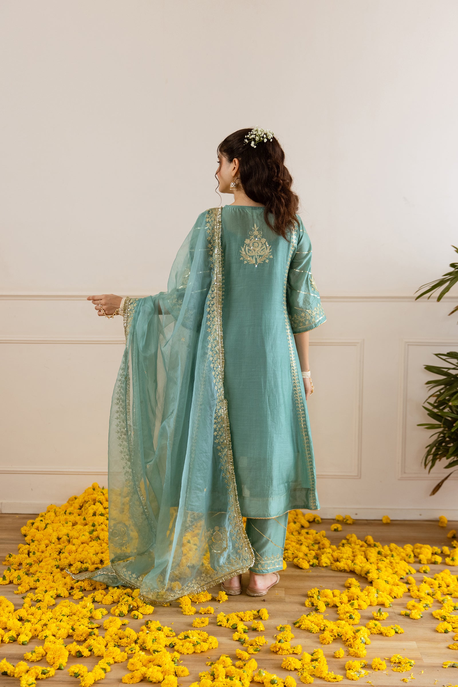 Sea Mint Chanderi Three Kali Kurta Set - Asrumo