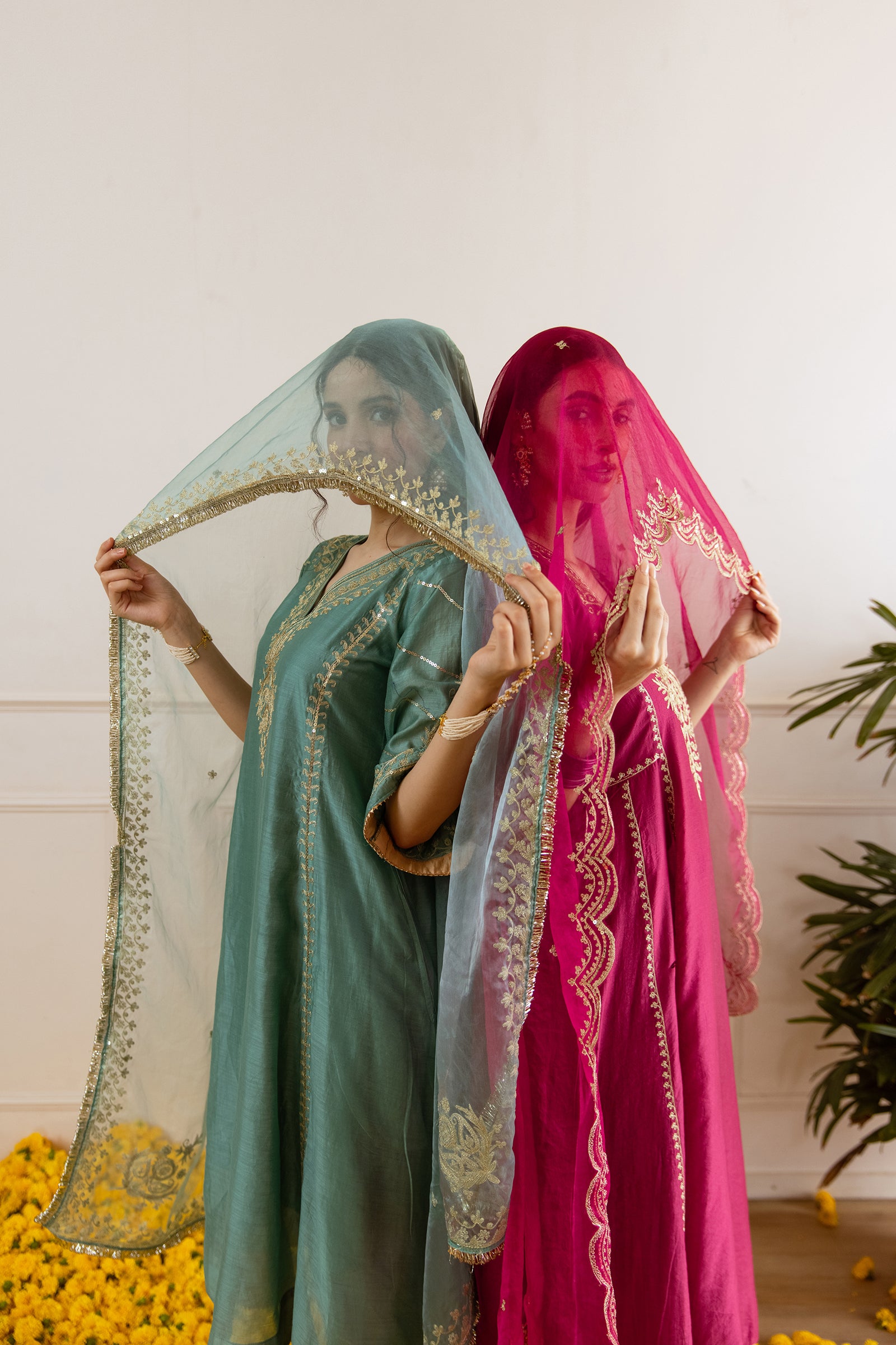 Sea Mint Chanderi Three Kali Kurta Set - Asrumo