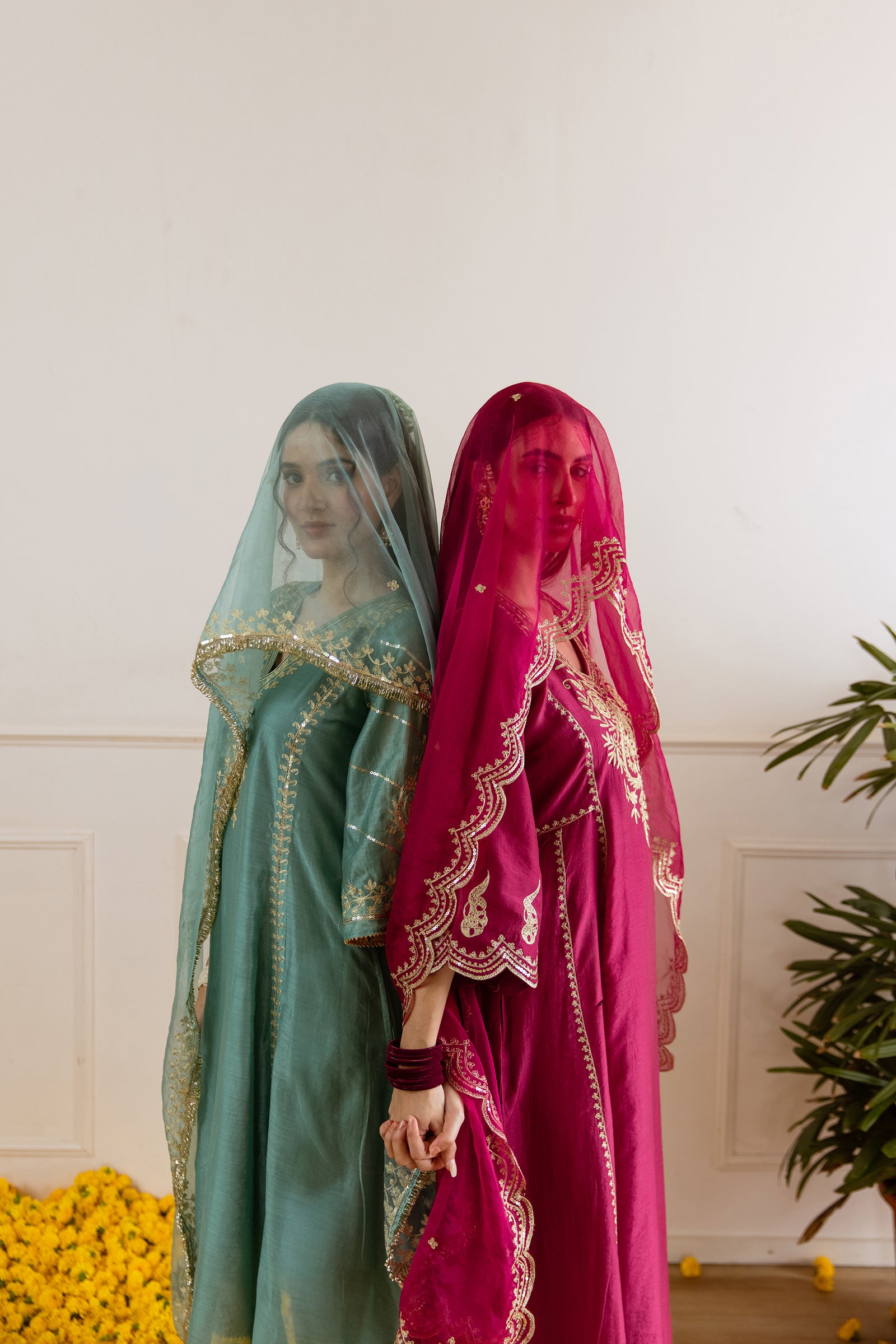 Sea Mint Chanderi Three Kali Kurta Set - Asrumo