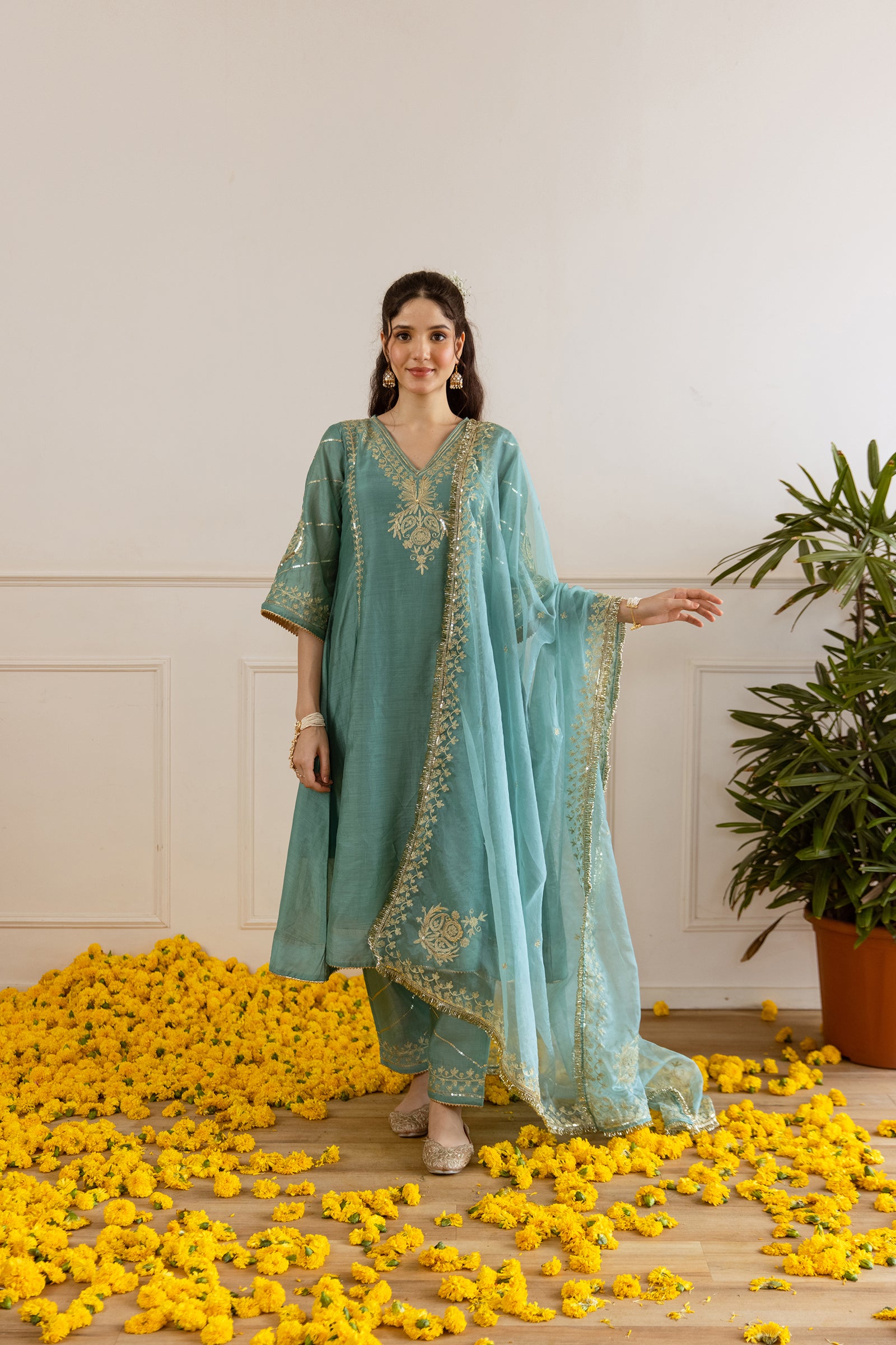 Sea Mint Chanderi Three Kali Kurta Set - Asrumo