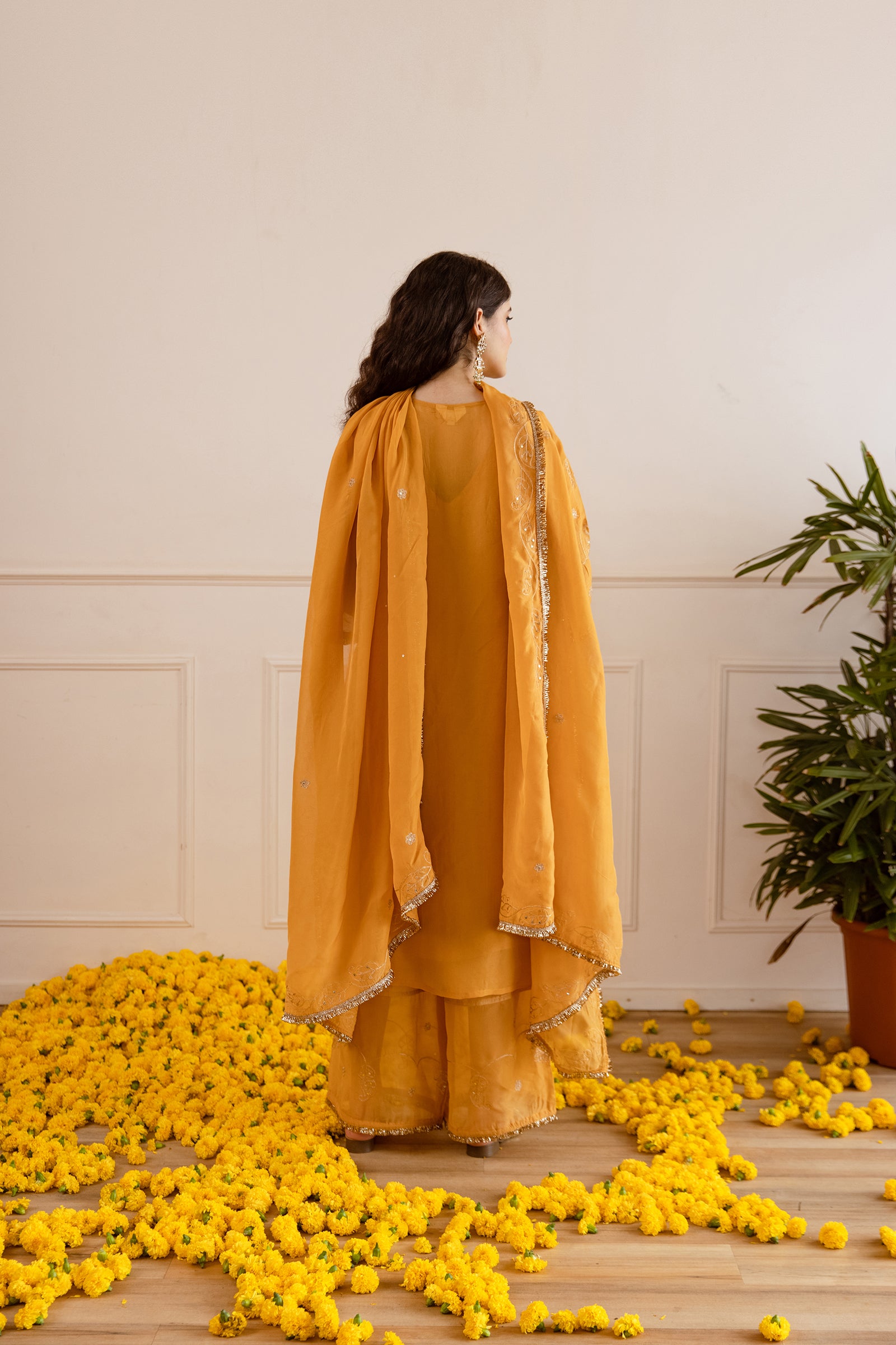 Mustard Yellow Zari Embroidery Viscose Organza Straight Kurta Set - Asrumo