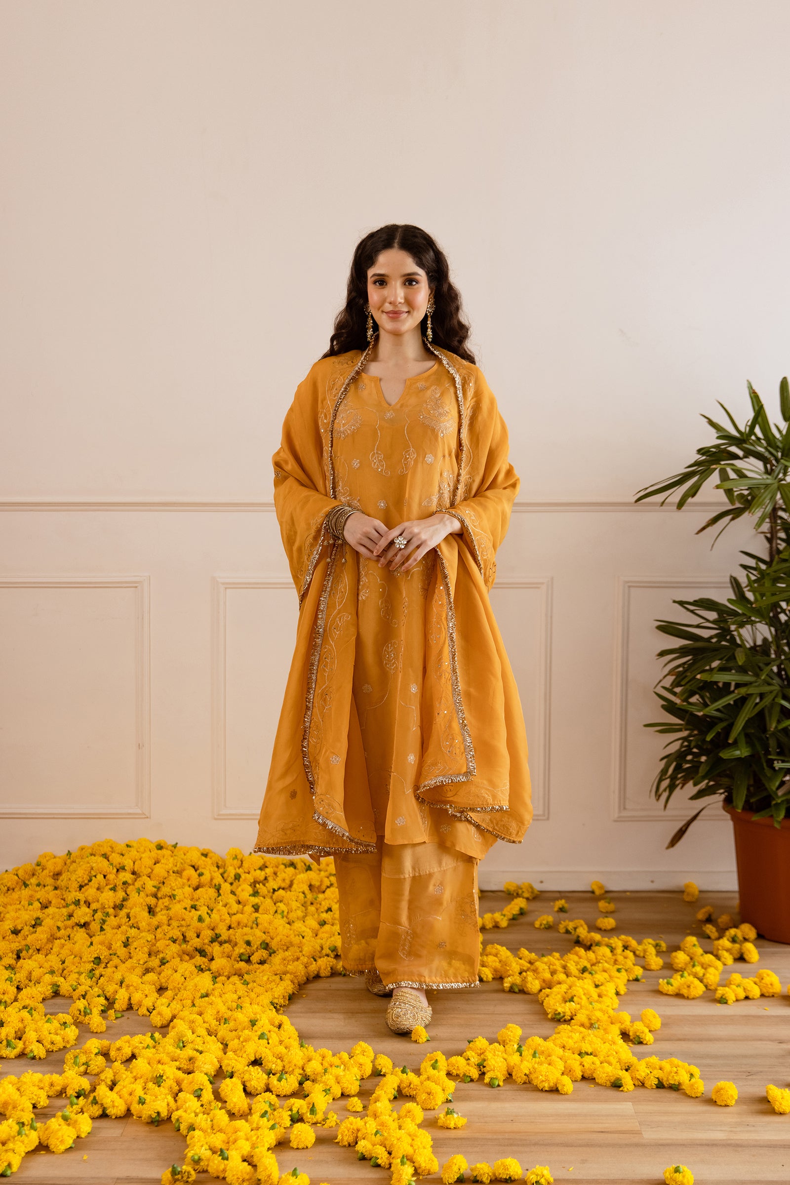 Mustard Yellow Zari Embroidery Viscose Organza Straight Kurta Set - Asrumo