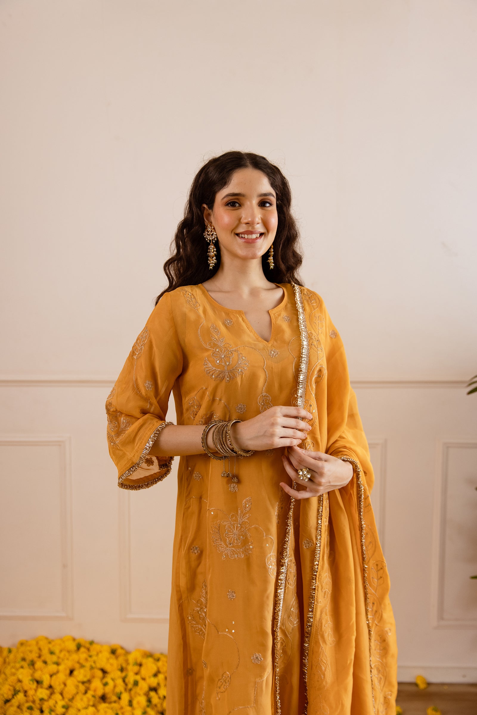 Mustard Yellow Zari Embroidery Viscose Organza Straight Kurta Set - Asrumo