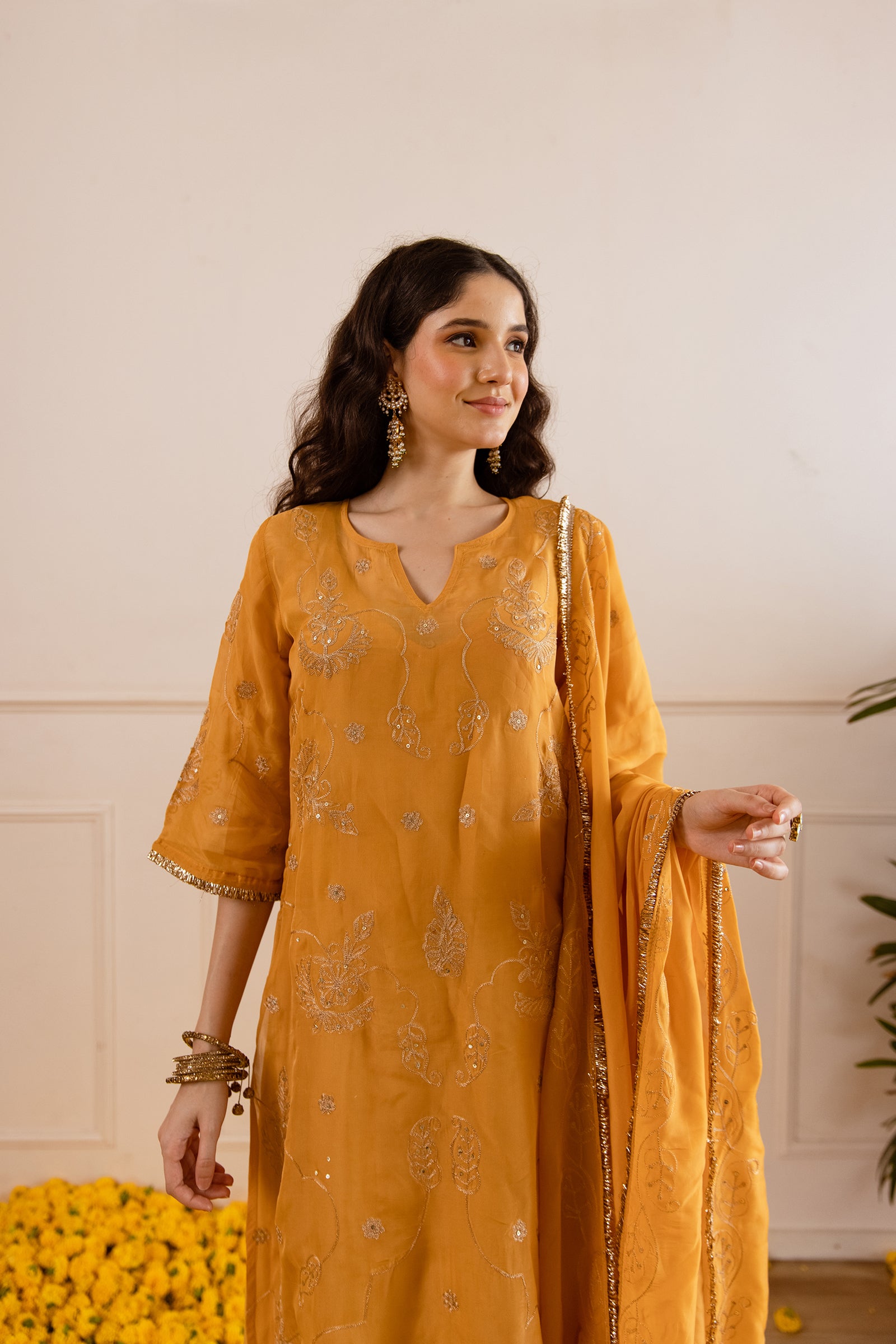 Mustard Yellow Zari Embroidery Viscose Organza Straight Kurta Set - Asrumo