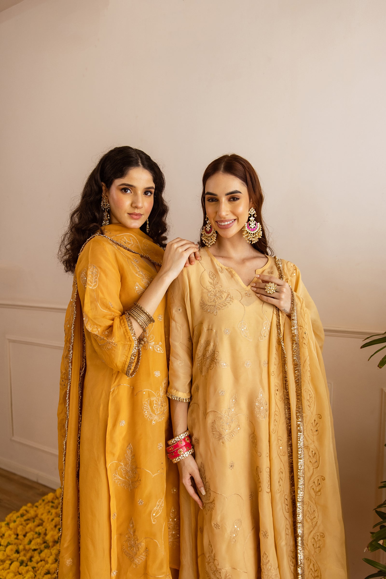 Mustard Yellow Zari Embroidery Viscose Organza Straight Kurta Set - Asrumo