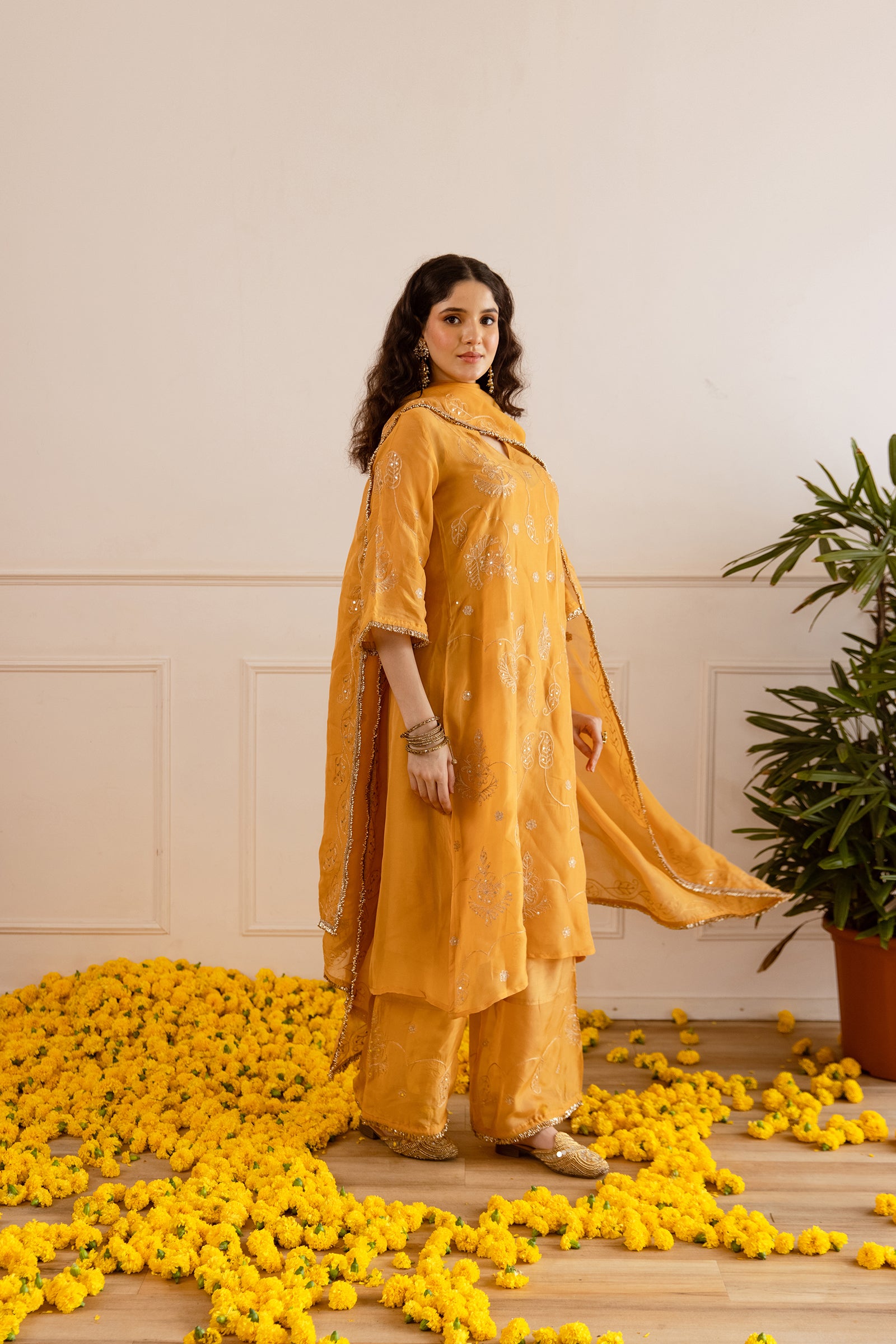 Mustard Yellow Zari Embroidery Viscose Organza Straight Kurta Set - Asrumo